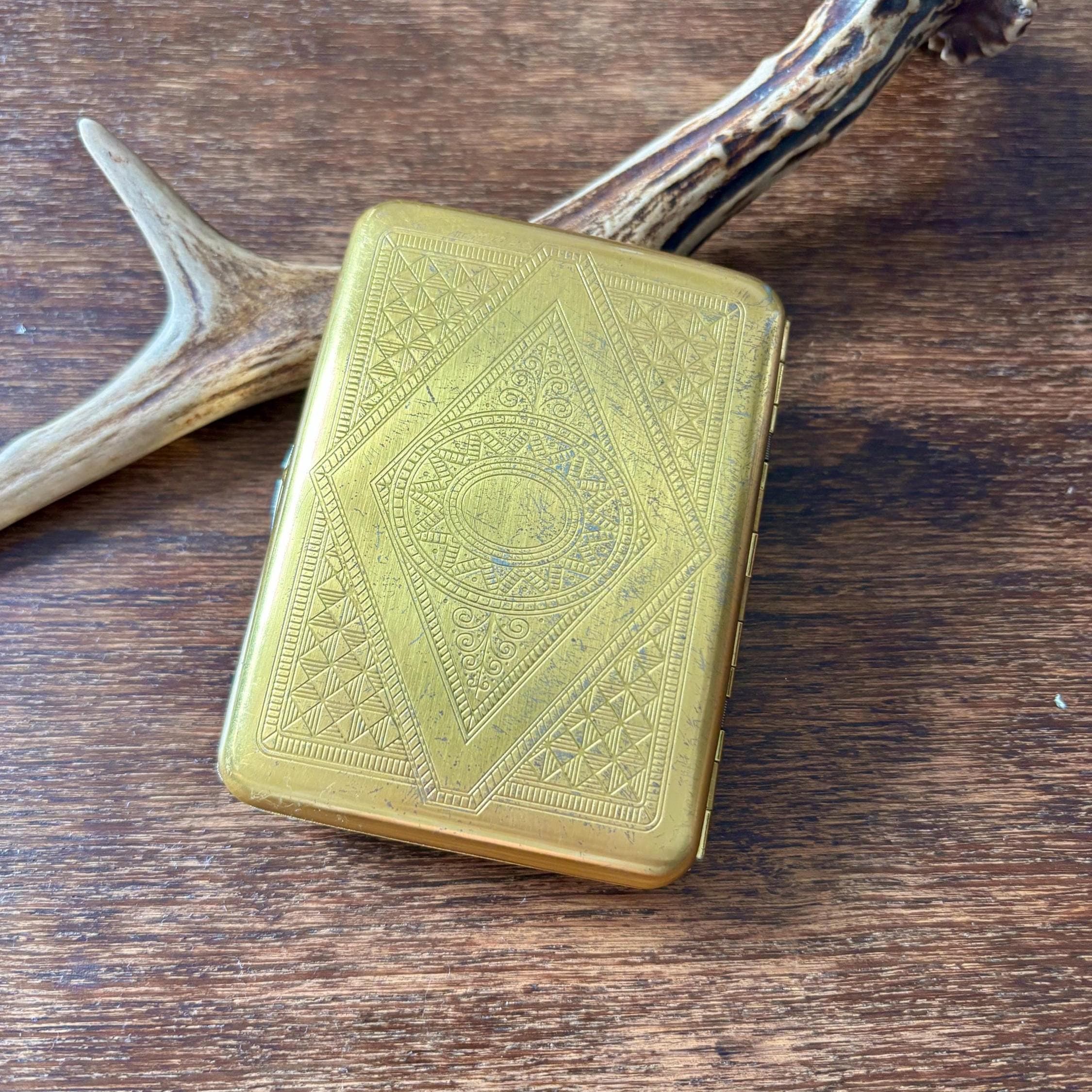Vintage Gold-Tone Accordion Wallet | Metal Card Case with Geometric Etched Design | Mid-Century Style