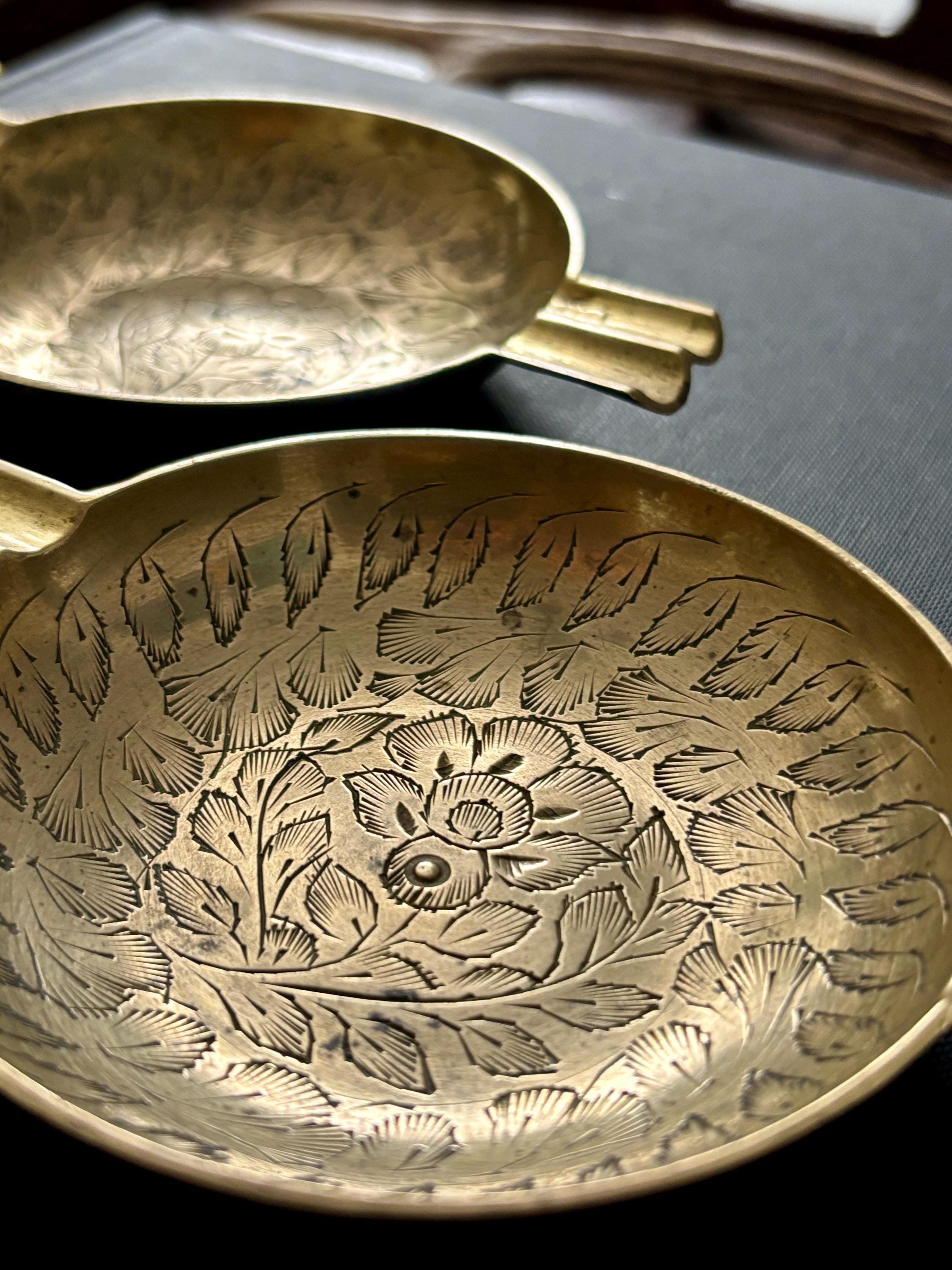 Vintage Hand Etched Brass Ashtray Pair: Indian Floral Ring Dish