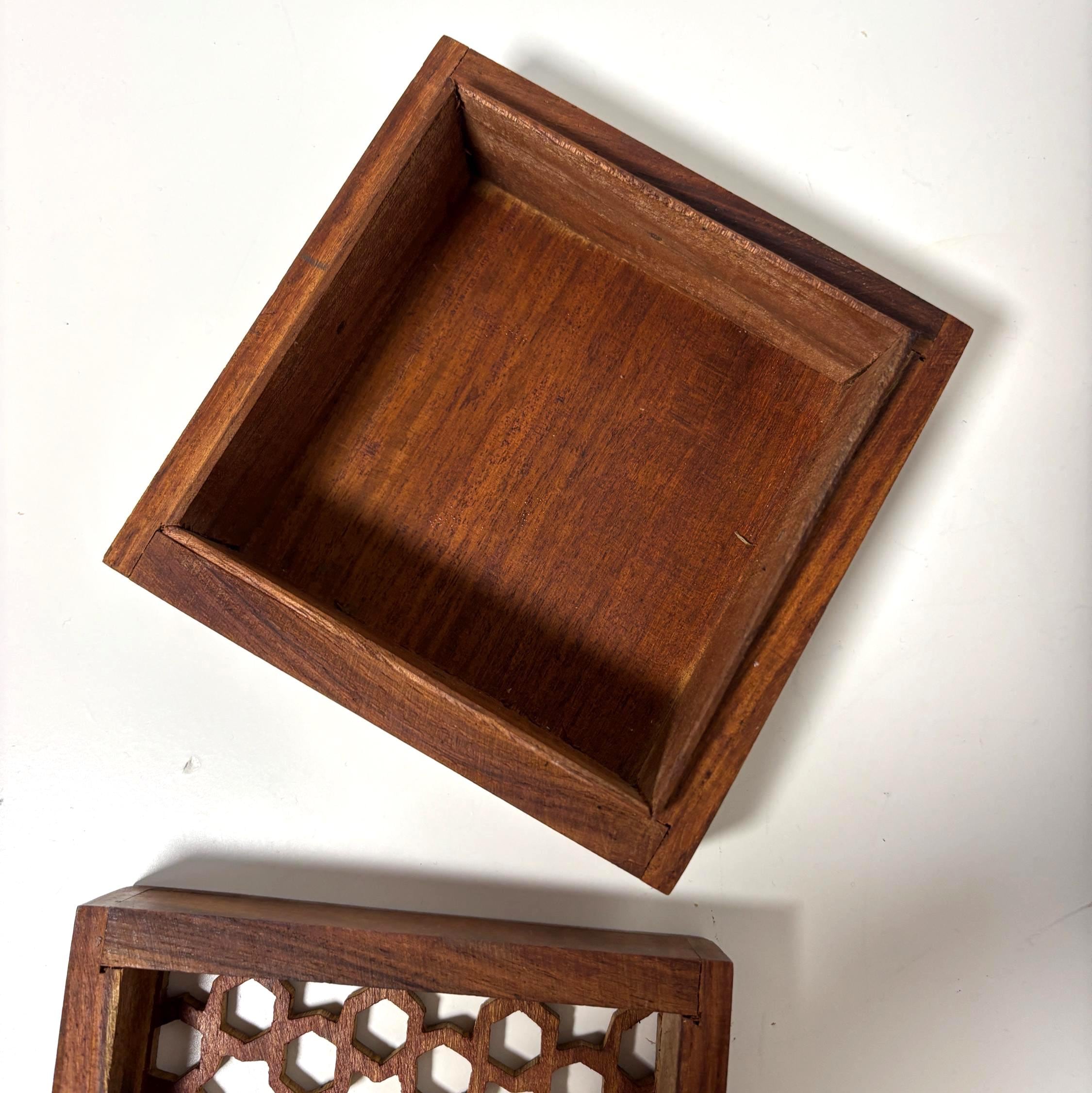 Vintage Hand Carved Wooden Trinket Box with Geometric Lattice Lid, Decorative Storage