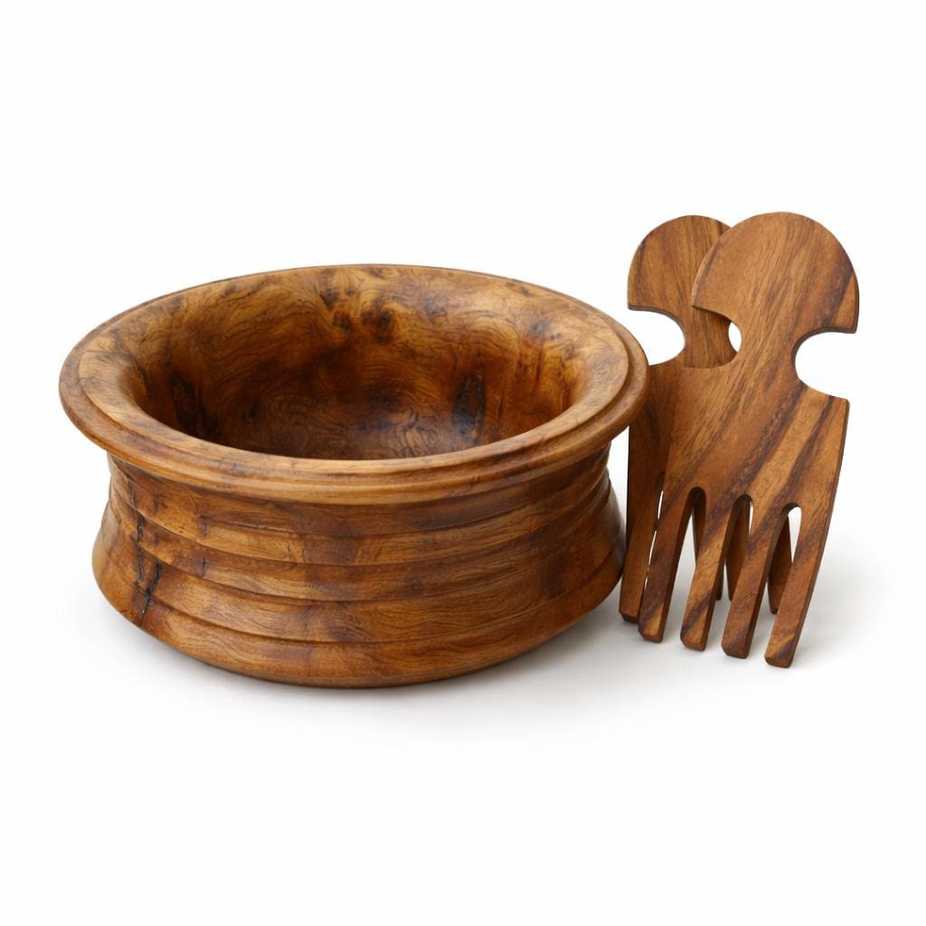 Vintage Burl Wood Salad Bowl Set Wooden Servers Rustic Farmhouse Kitchen Decor