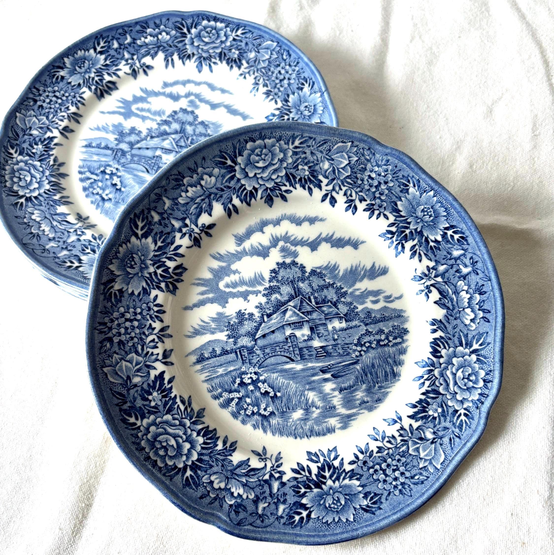 Vintage Colonial Village Tea Plates Set 4 Blue Staffordshire