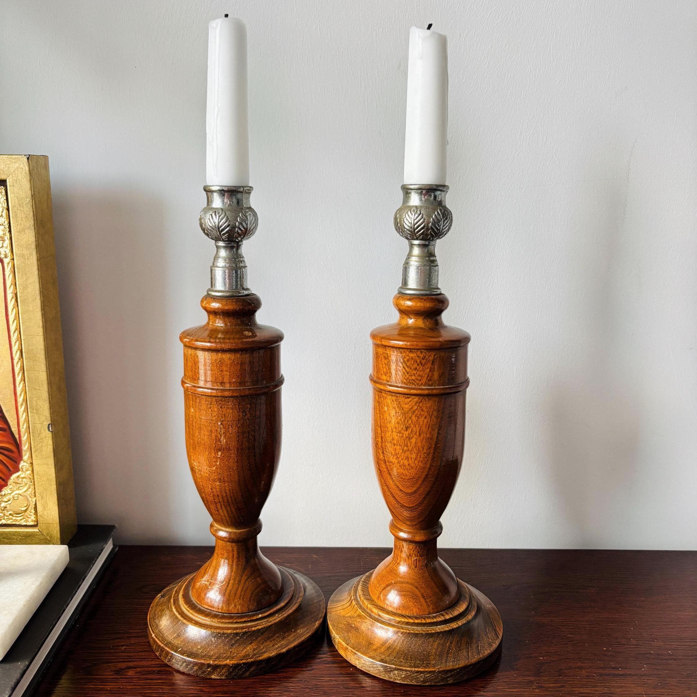 Vintage Wooden Candlesticks Pair, Turned Oak Candle Holders, Silver Tone Leaf Cups, Mantel Decor