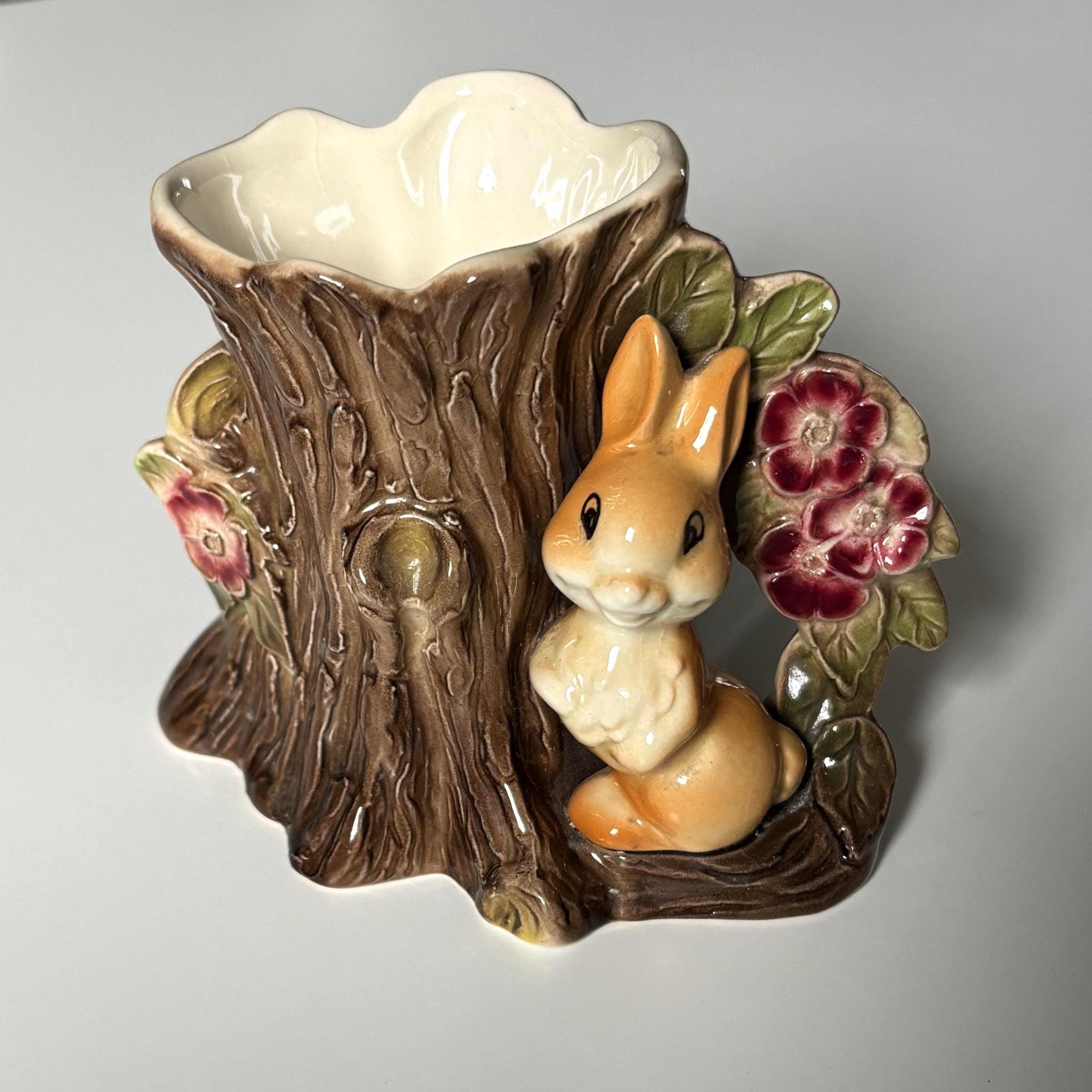 Vintage Hornsea Pottery Fauna Woodland Rabbit Vase Planter – Bunny Tree Stump Posy Holder