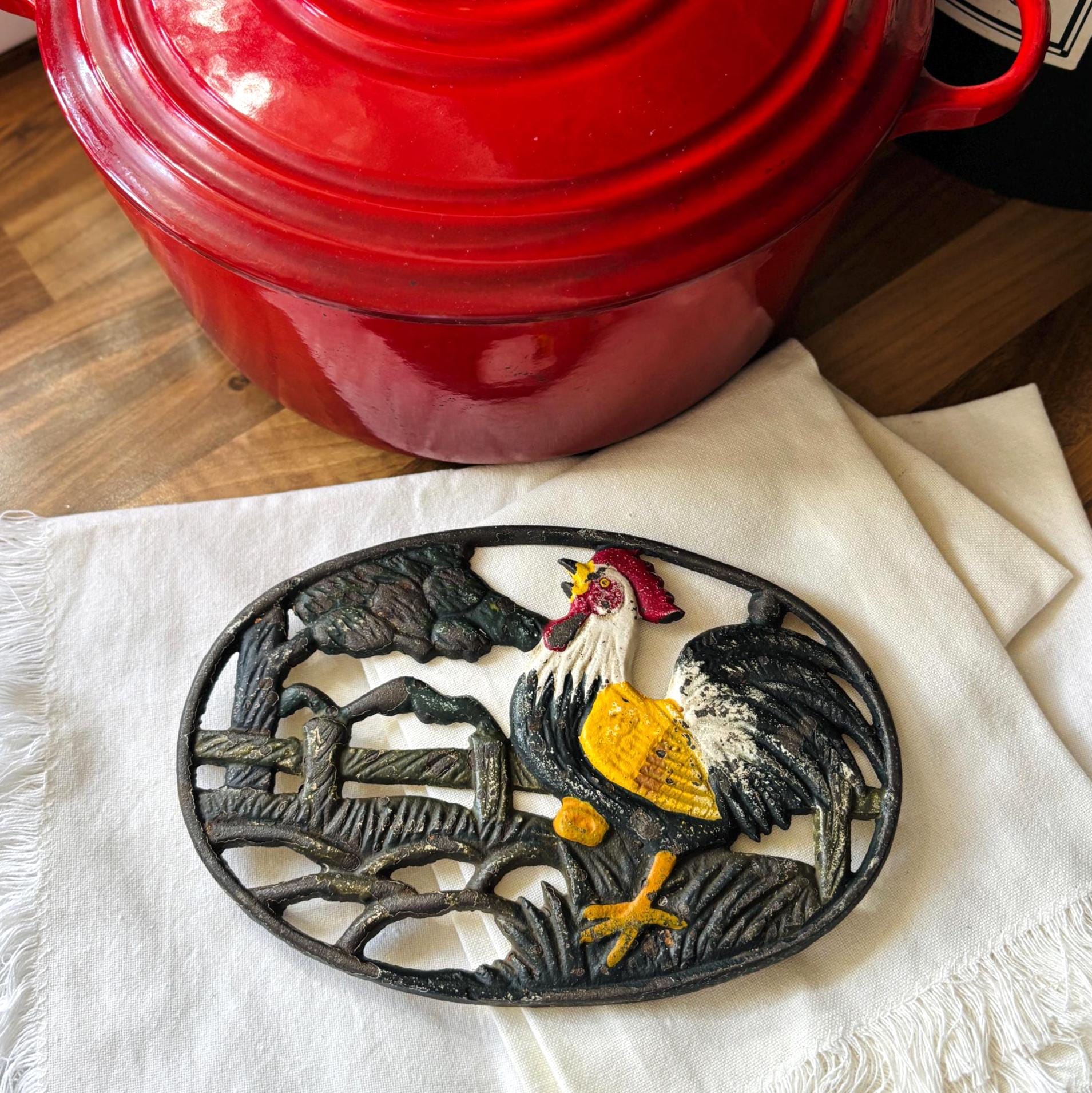 Vintage Cast Iron Rooster Trivet Farmhouse Kitchen Decor Rustic Pan Stand Country Style