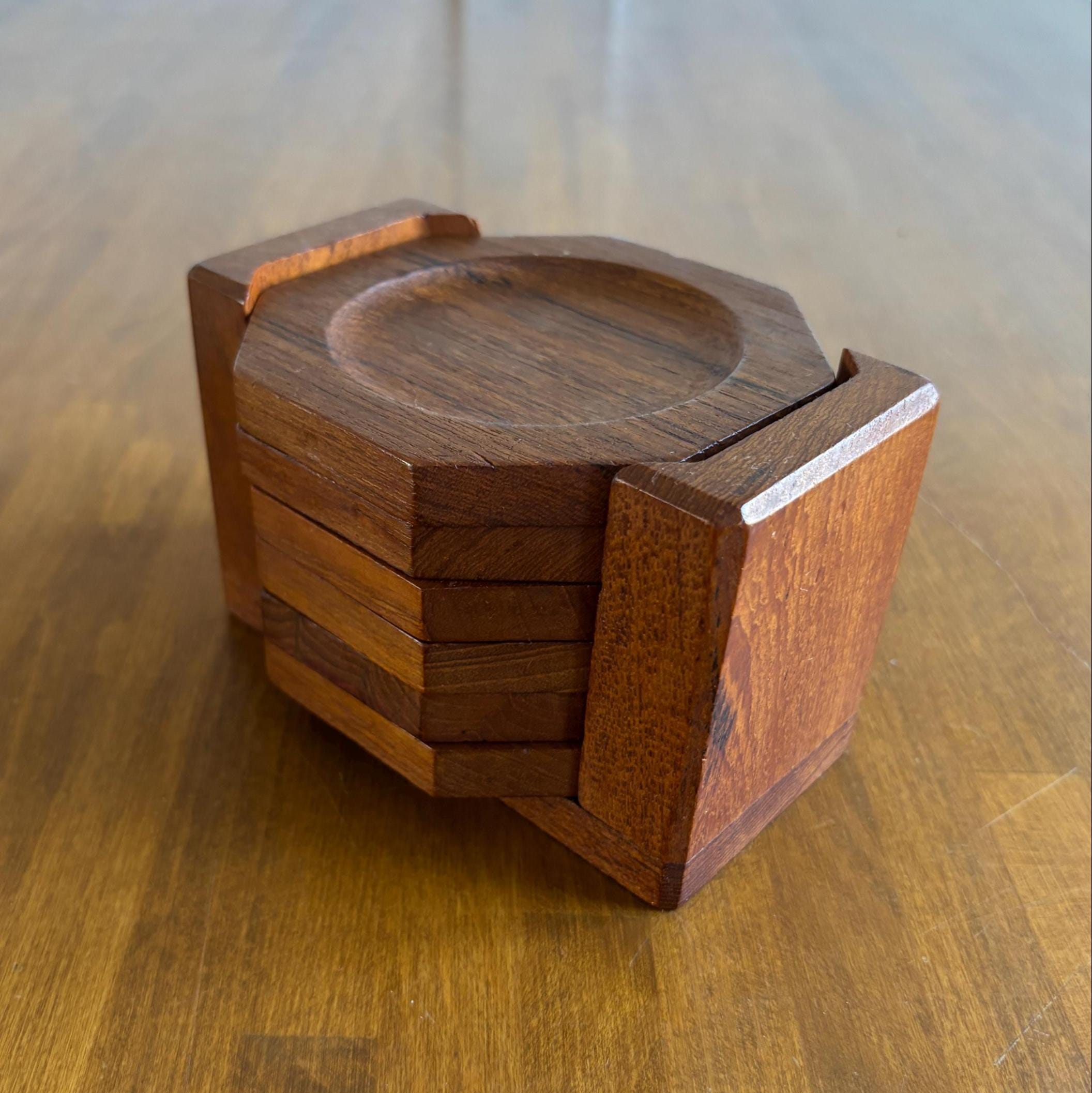 Vintage Teak Coaster Set – Danish Mid Century Modern Wooden Barware (Set of 6)