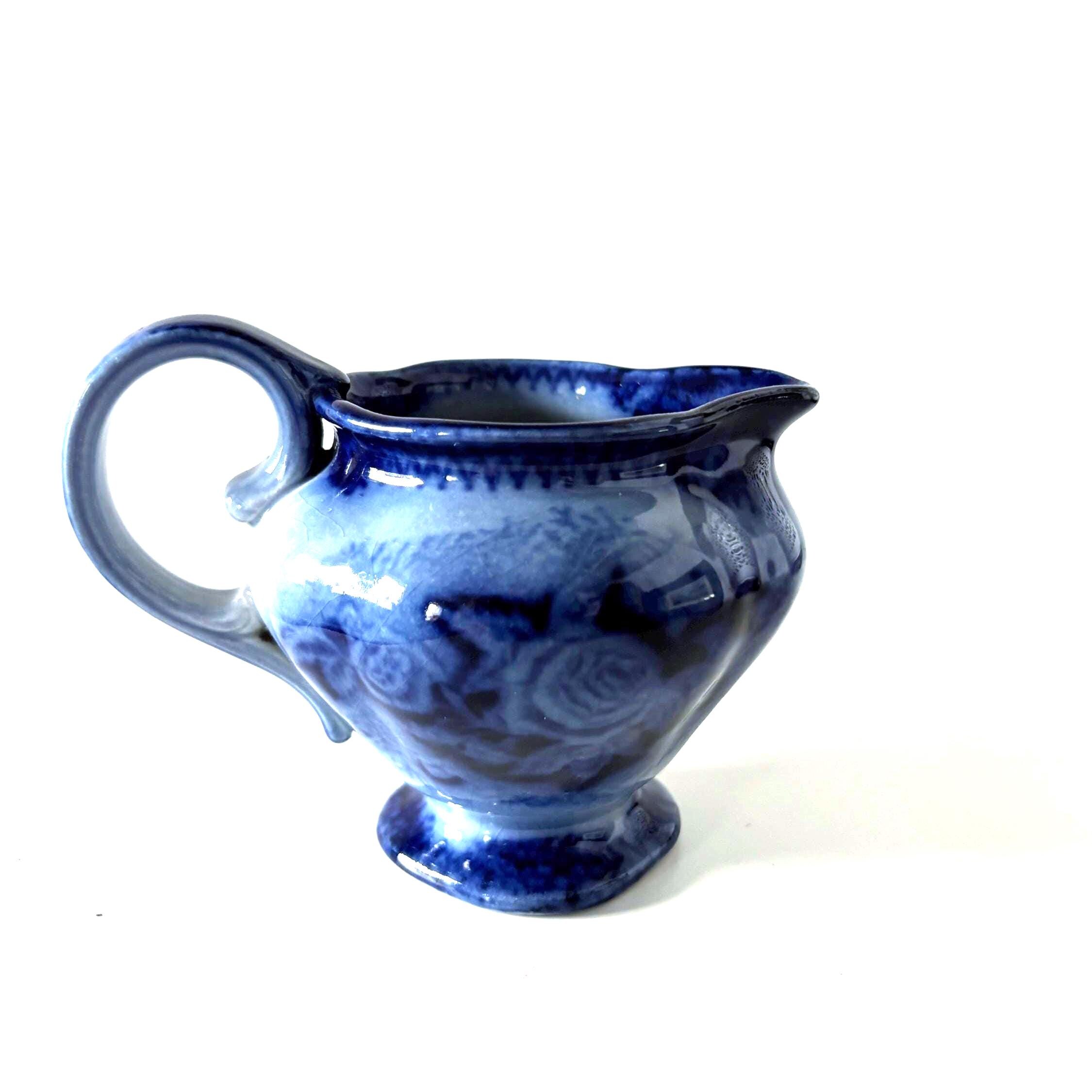 Vintage Blue and White Pottery Creamer Jug, Flow Blue Style Pedestal Milk Pitcher Floral