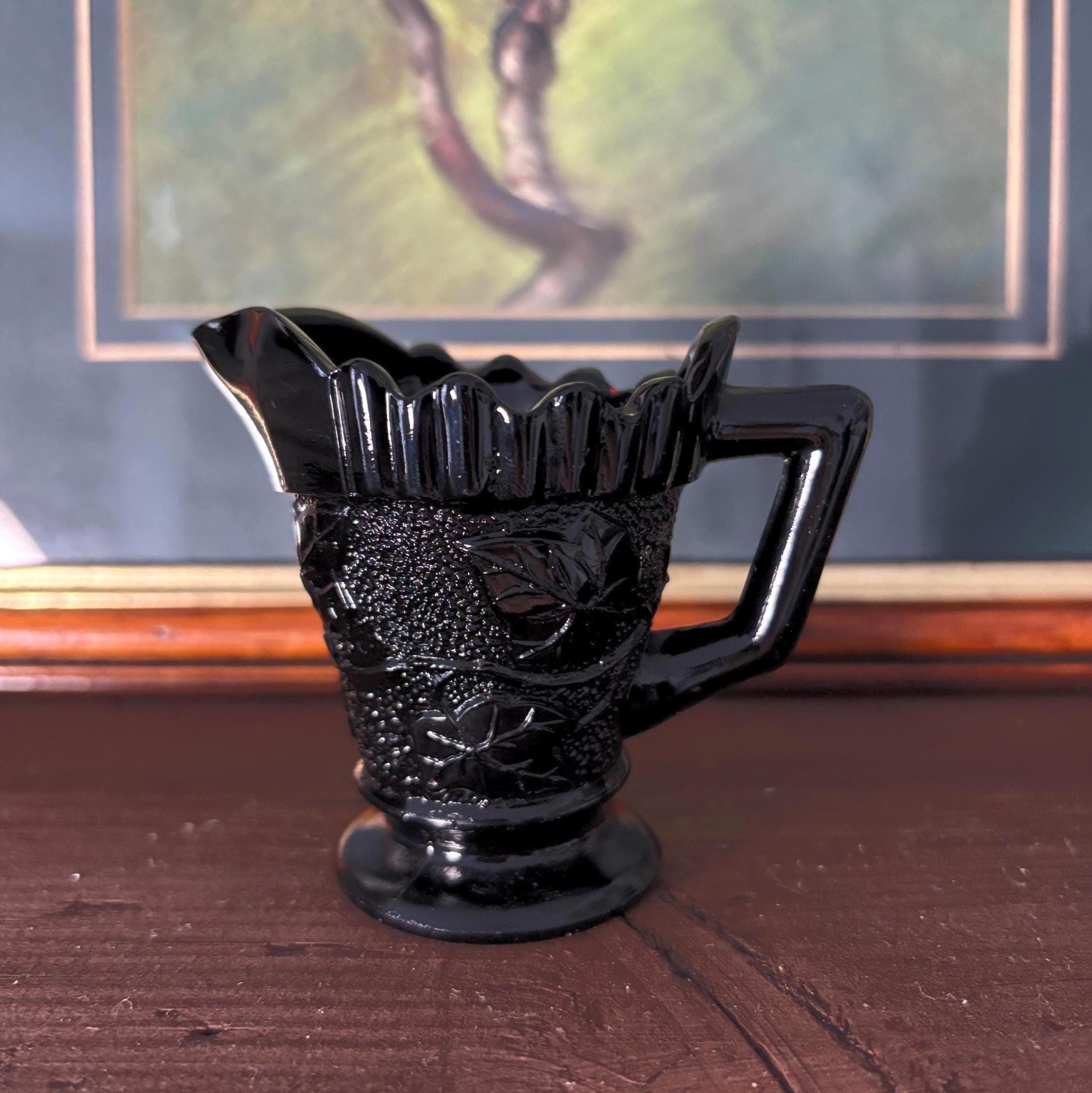 Vintage Black Pressed Glass Creamer Grape Pattern Pedestal Milk Jug