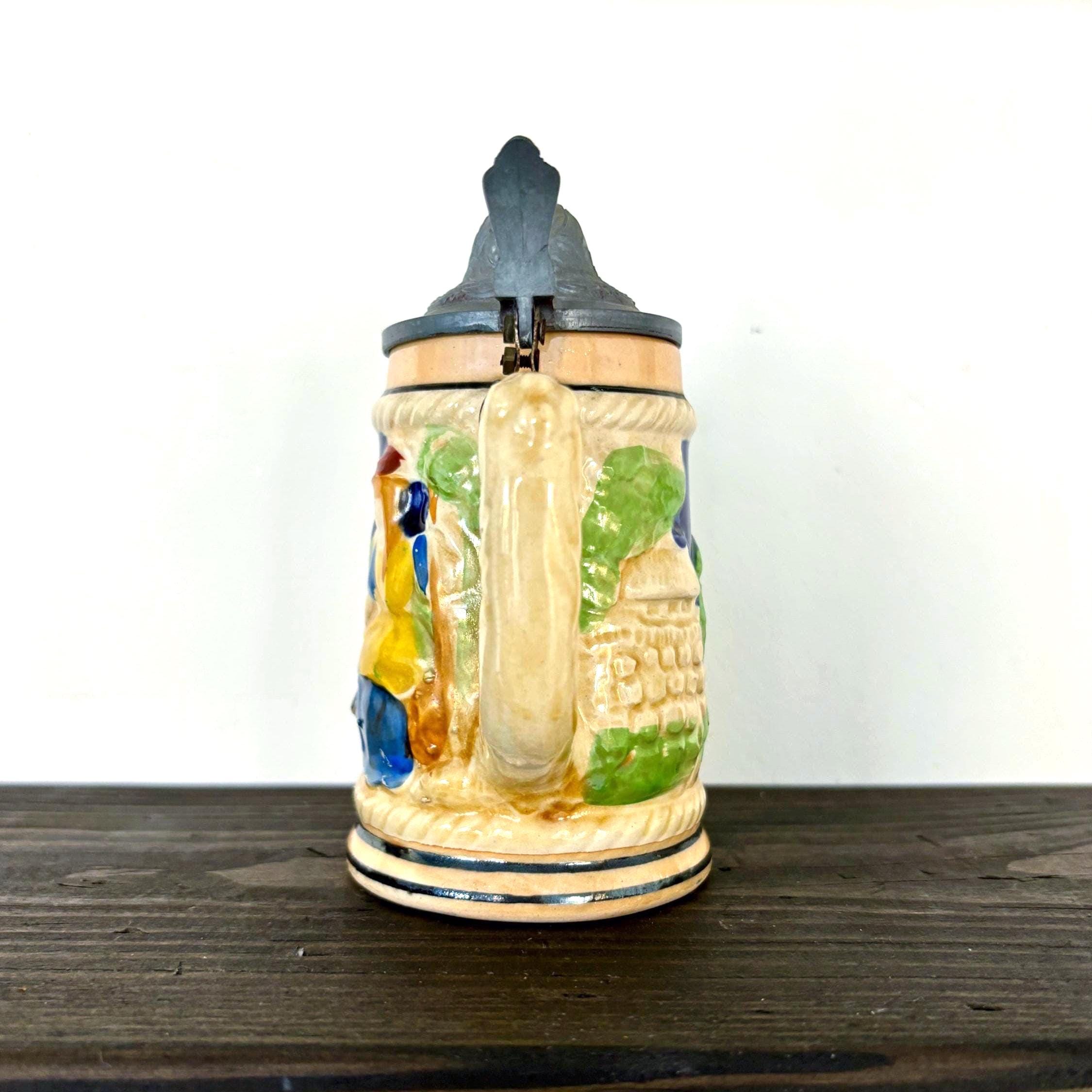 Vintage German Beer Stein with Pewter Lid | Tall Hand-Painted Relief Tavern Scene Mug