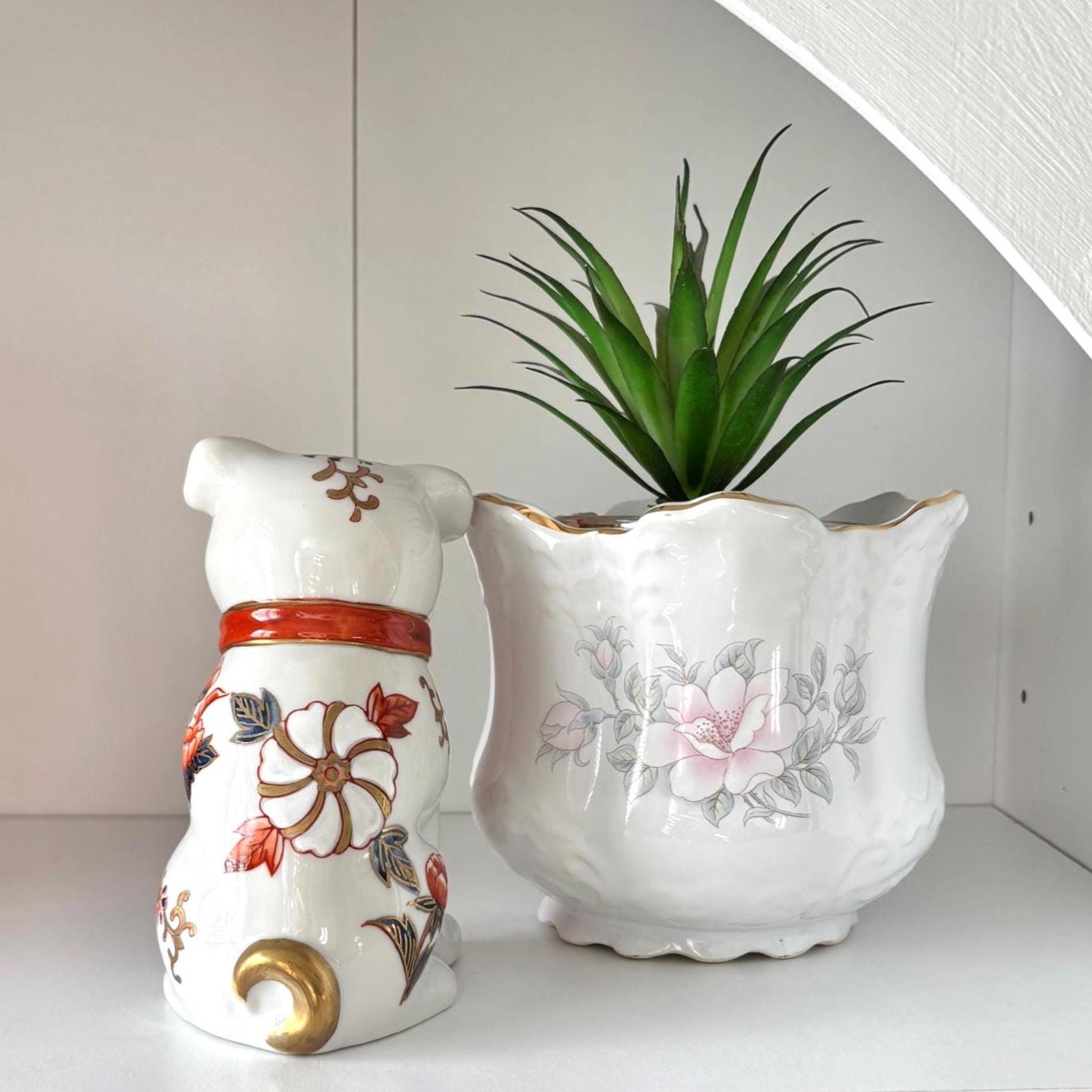 Imari Style Ceramic Dog Ornament | Vintage White Dog Figurine with Red Collar & Gilt Detail