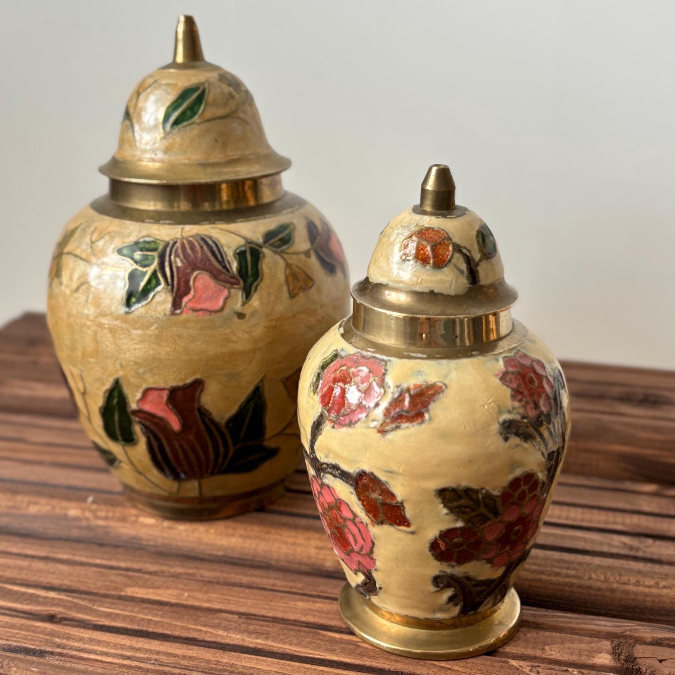 Vintage Brass Cloisonné Ginger Jar: Hand-Painted Floral Enamel
