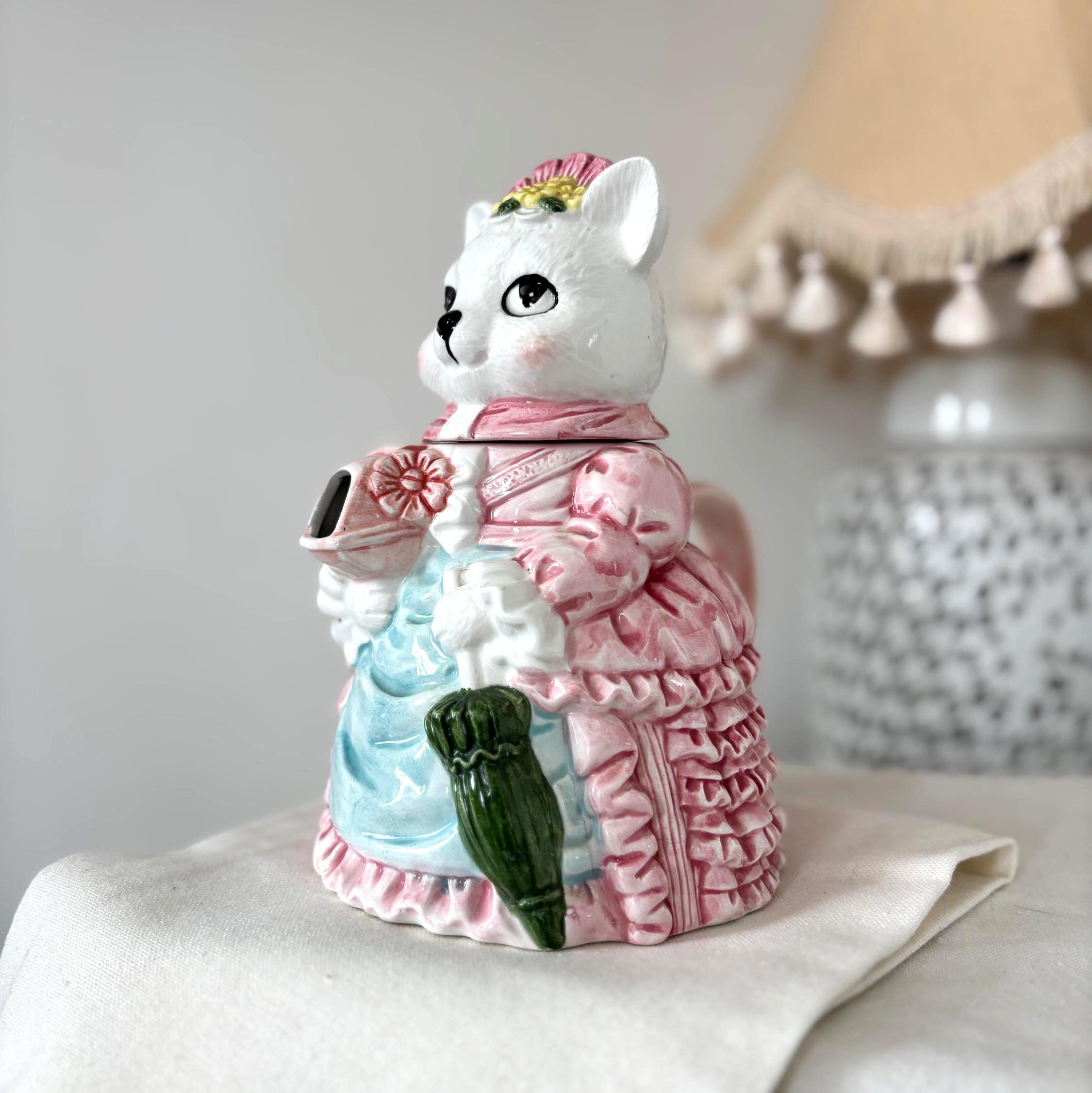Vintage Ceramic Cat Teapot Victorian Lady Kitty Coffee Pot Pink Novelty Collectible Decor