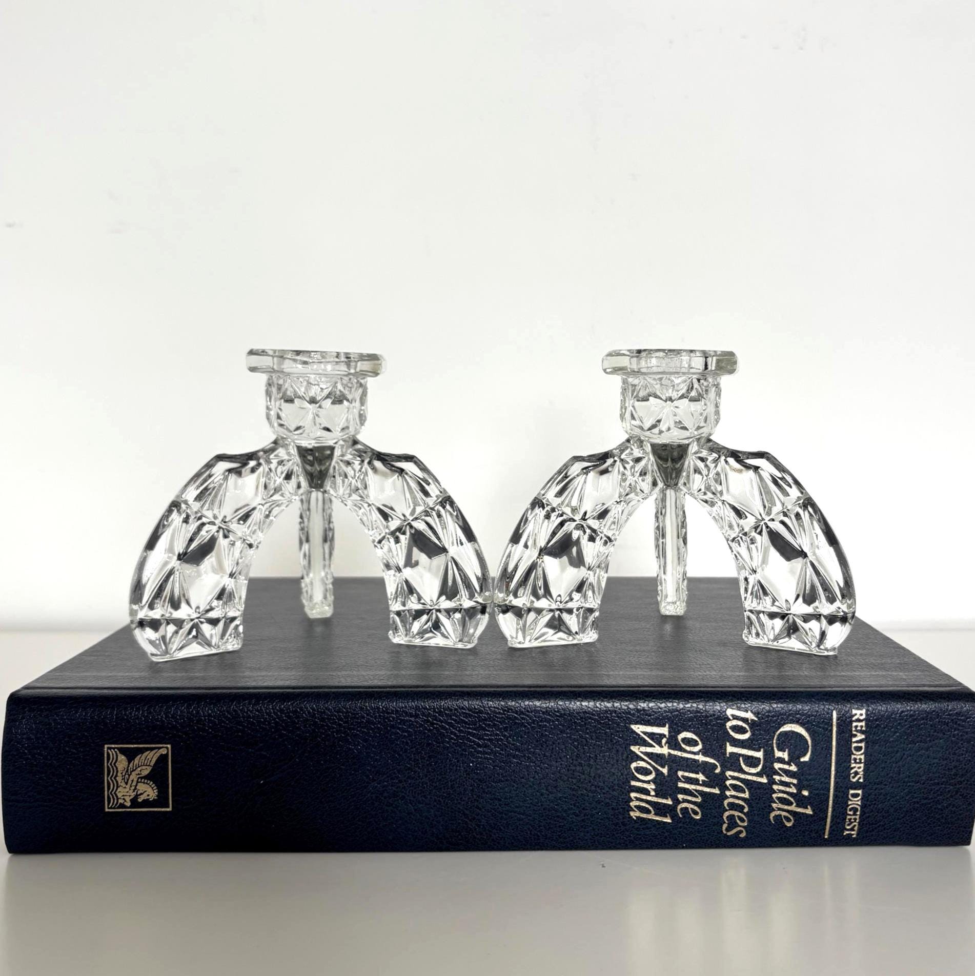 Vintage Glass Candlesticks Pair Art Deco Style Tripod Candle Holders Crystal Cut Design Decor