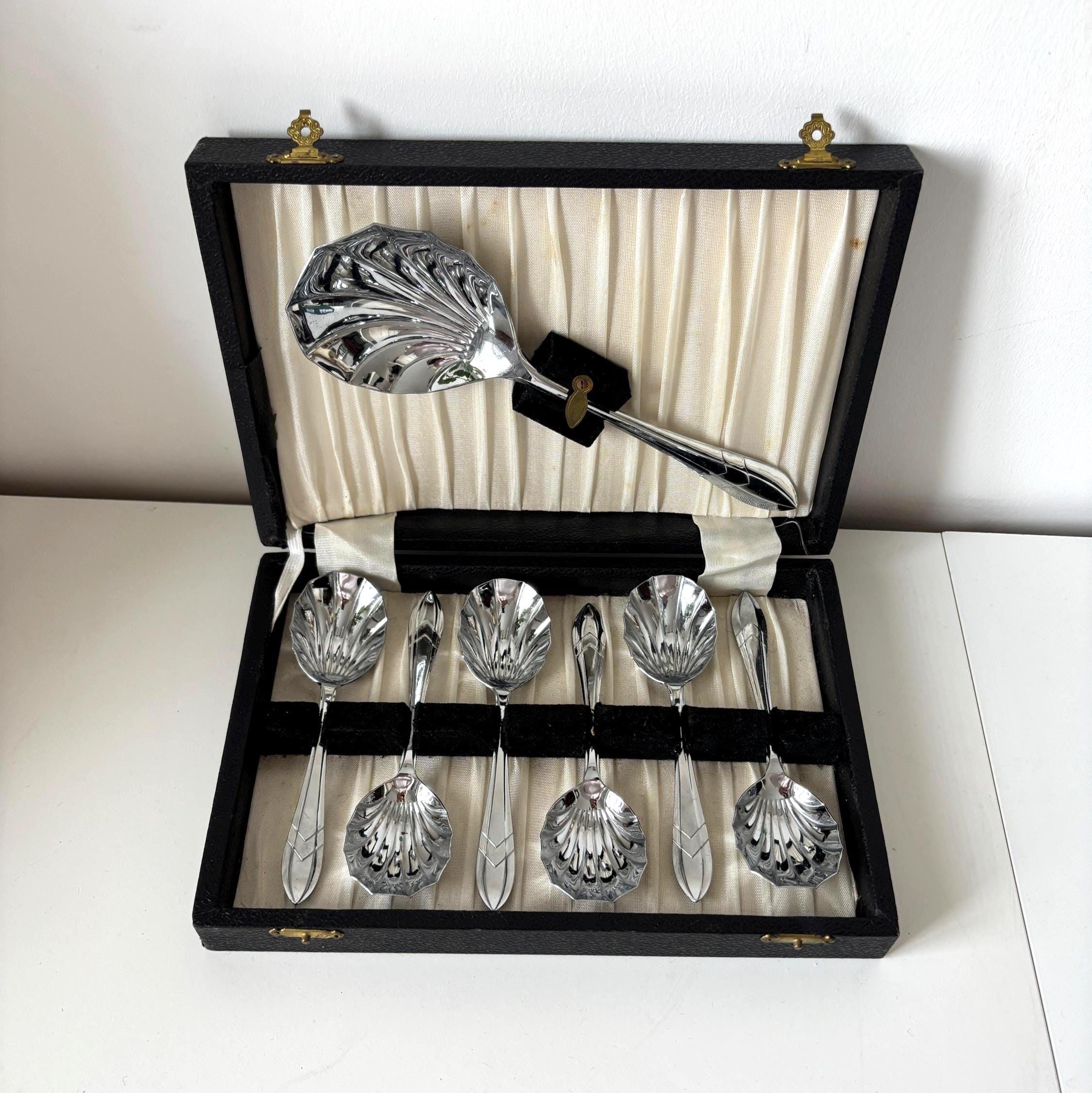 Vintage Sheffield Chrome Plated Nickel Silver Shell Spoon Set Boxed Art Deco Serving Spoons