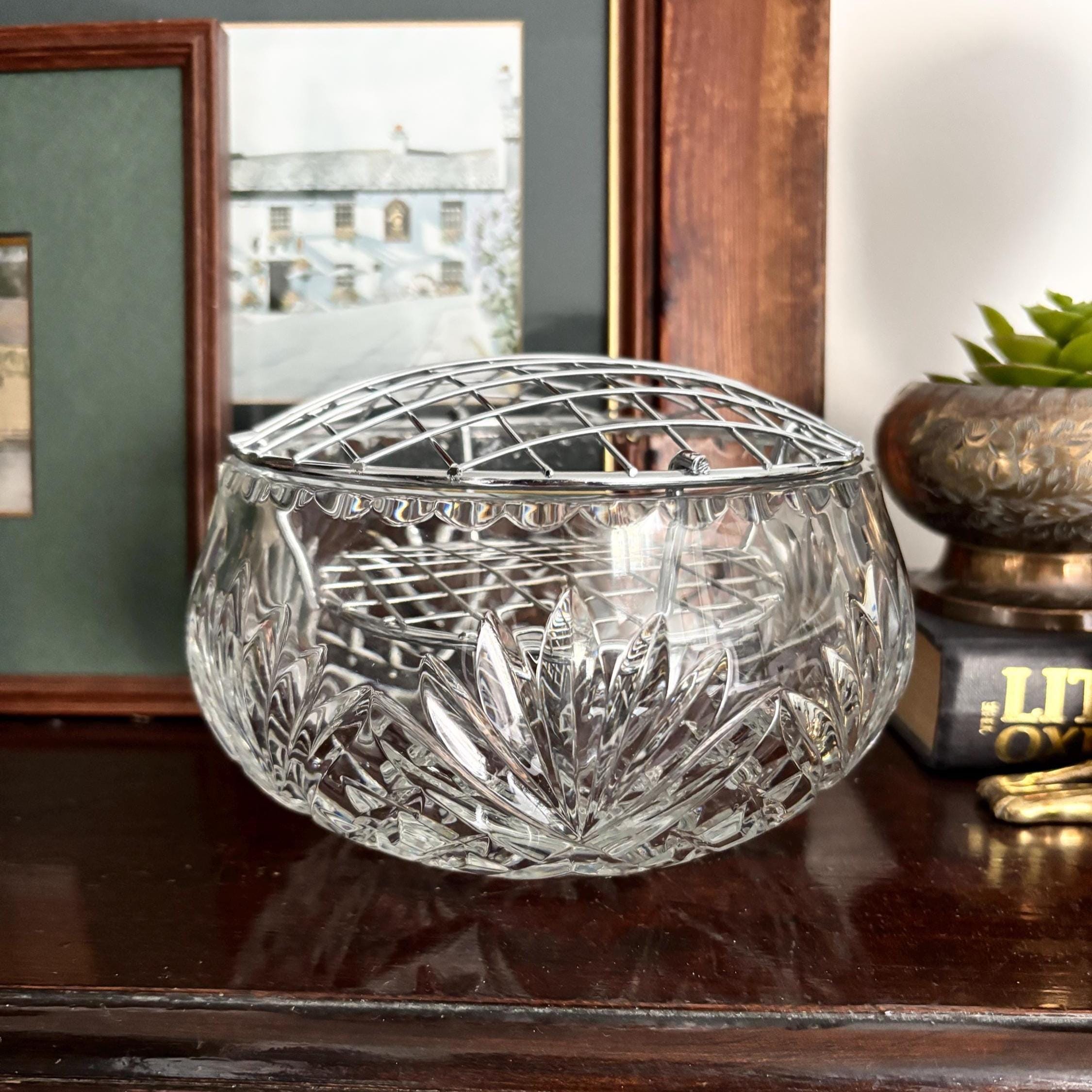 Vintage Russian Lead Crystal Flower Frog Bowl With Metal Grid Hand Cut Crystal Centrepiece