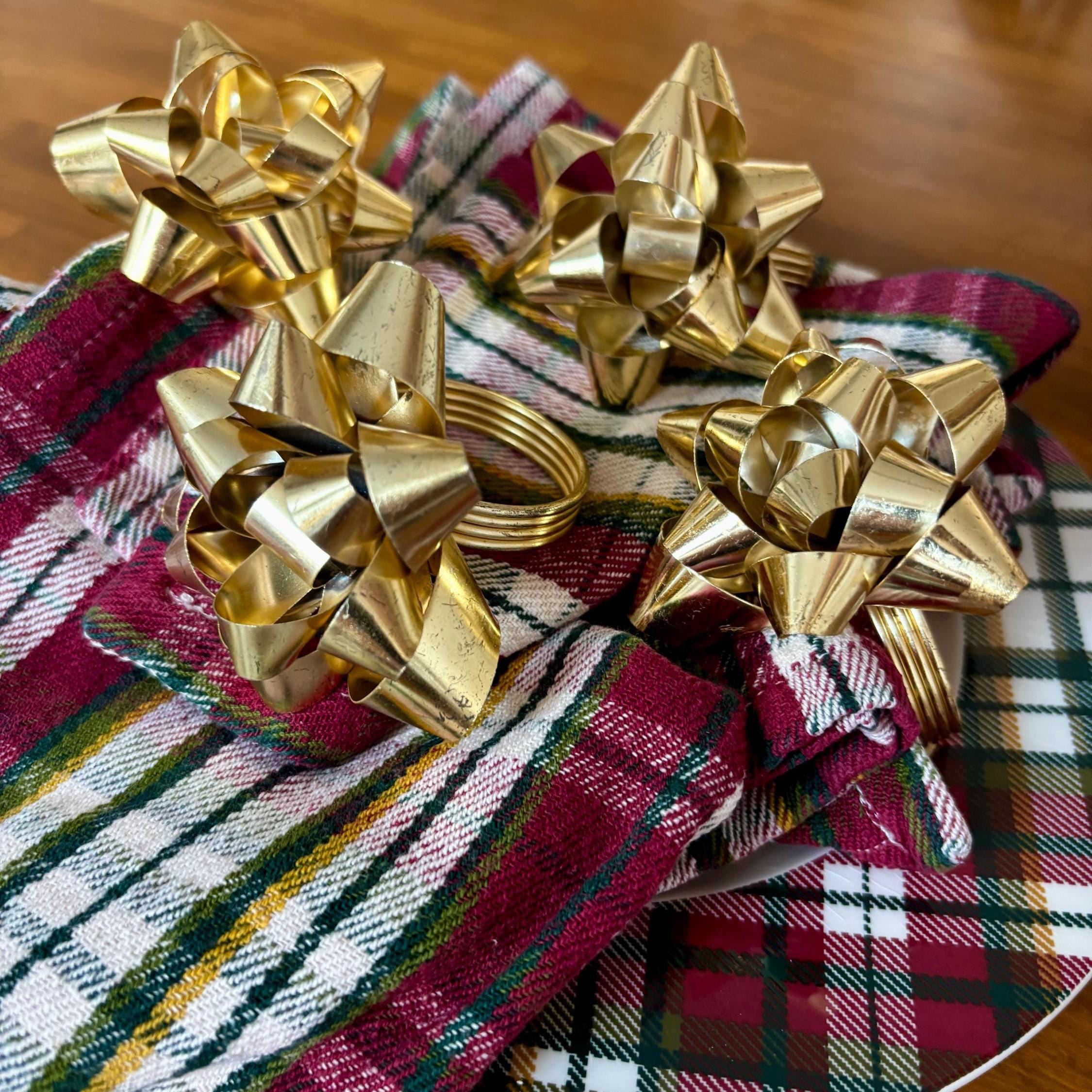Set of 4 Vintage Gift Bow Napkin Rings | Gold Tone Glam Holiday Table Decor