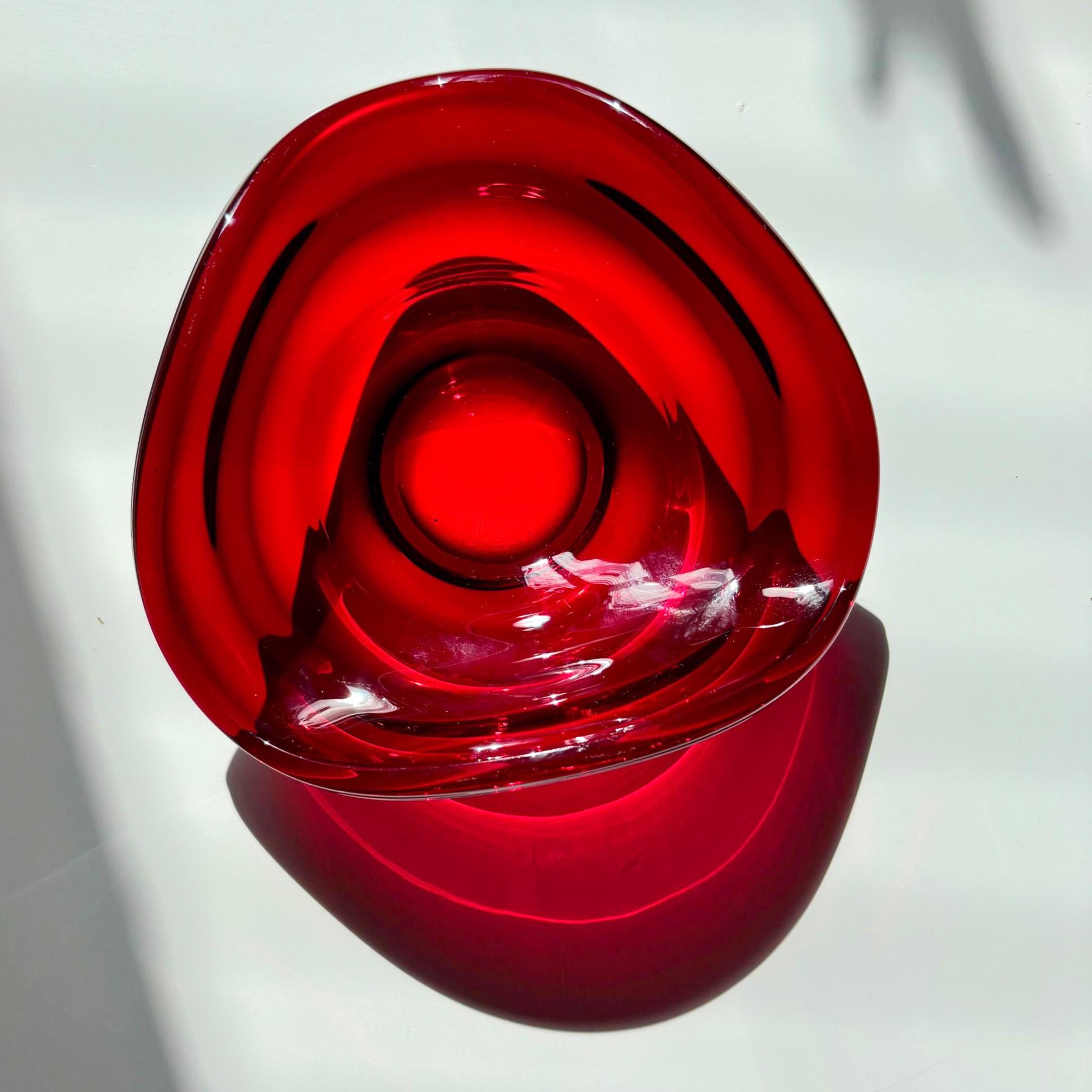 Vintage Ruby Red Art Glass Bowl Freeform Mid Century Scandinavian Style Dish