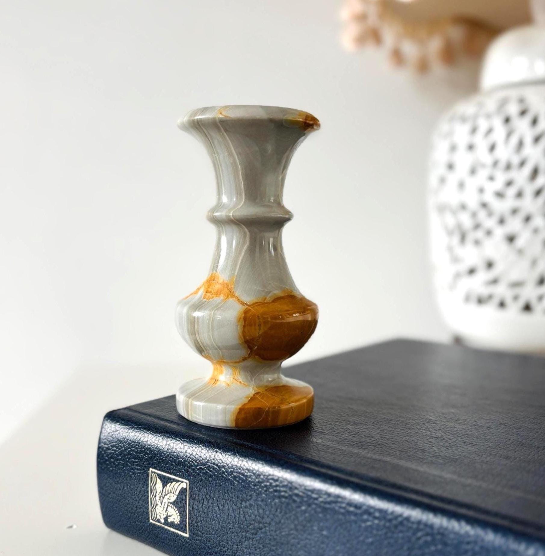 Hand-Carved Onyx Bud Vase: Grey & Amber Turkish Stone