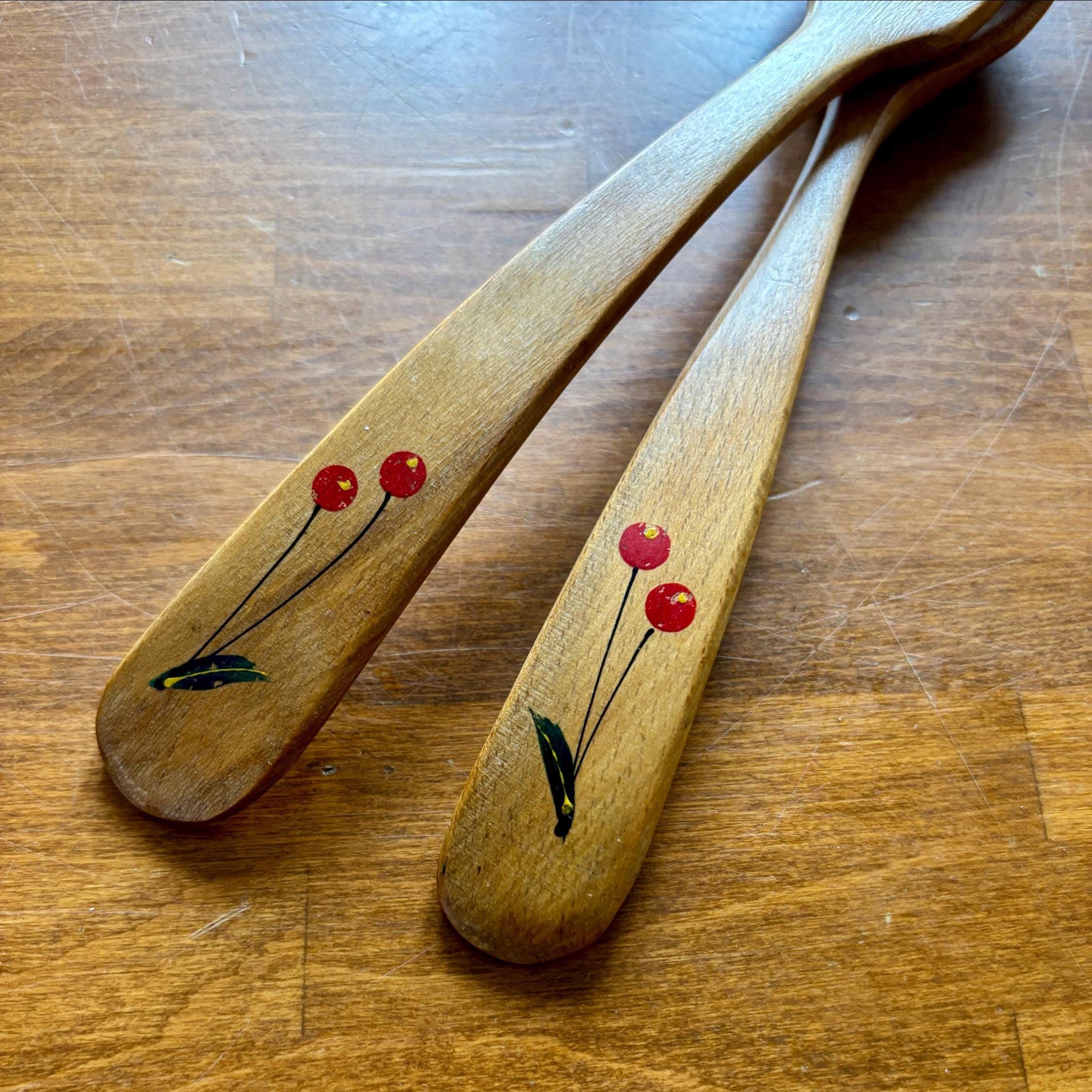Vintage Wooden Salad Server Set Hand Painted Spoon Fork Kitchen Serving Utensils Pair Decor