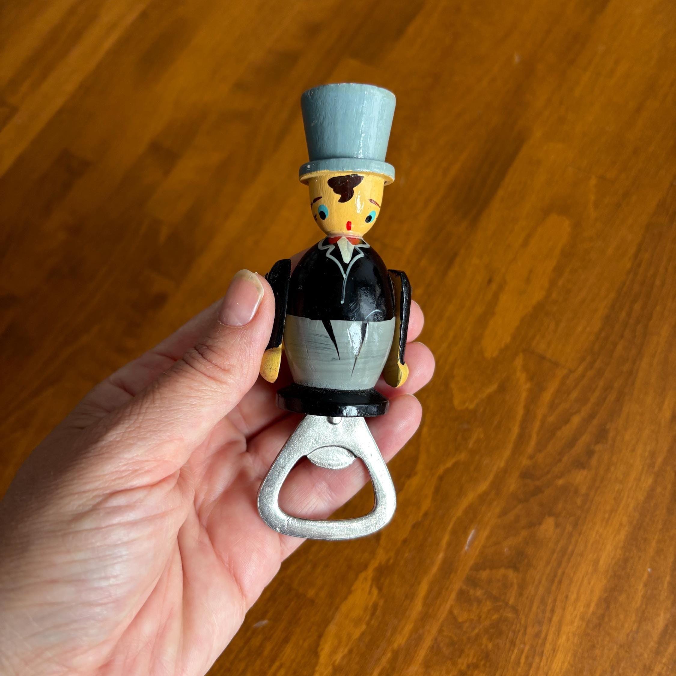 Vintage Wooden Gentleman Bottle Opener | Folk Art Top Hat Barware