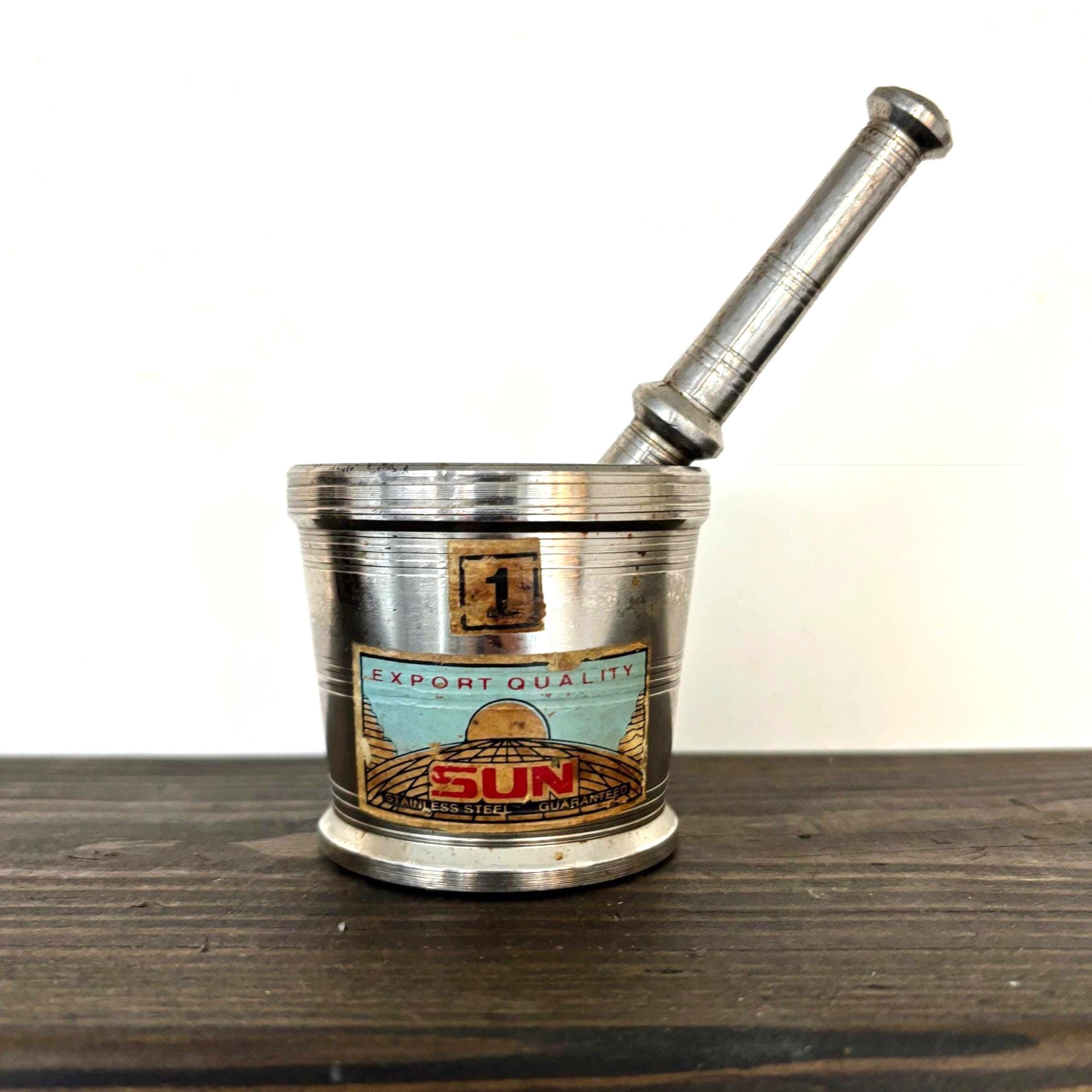 Vintage “SUN” Stainless Steel Mortar and Pestle | Mini Spice Grinder with Original Export Label