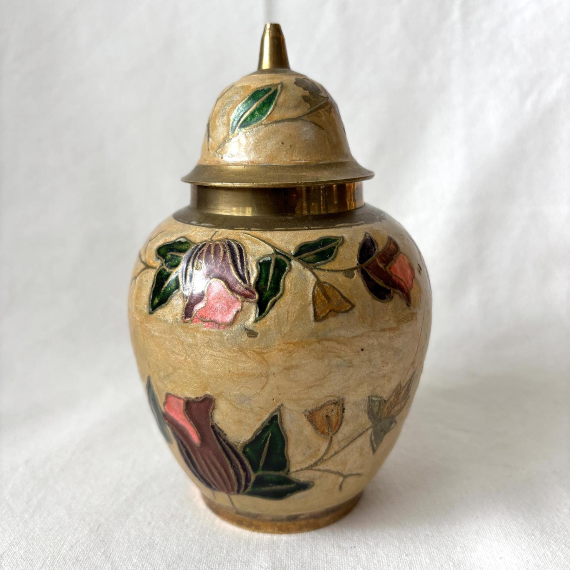 Vintage Brass Cloisonné Ginger Jar: Hand-Painted Floral Enamel
