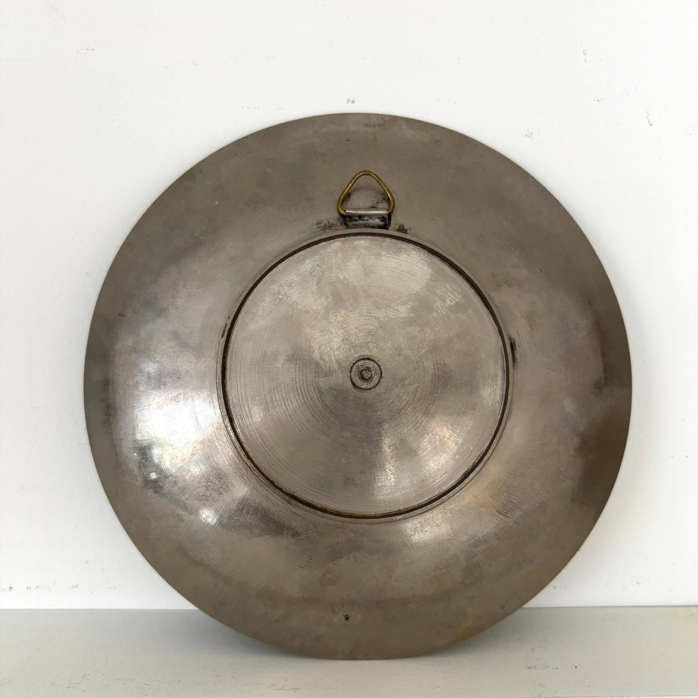 Vintage Silver & Black Peacock Wall Plate | Embossed Metal Hanging Tray, Boho Wall Decor