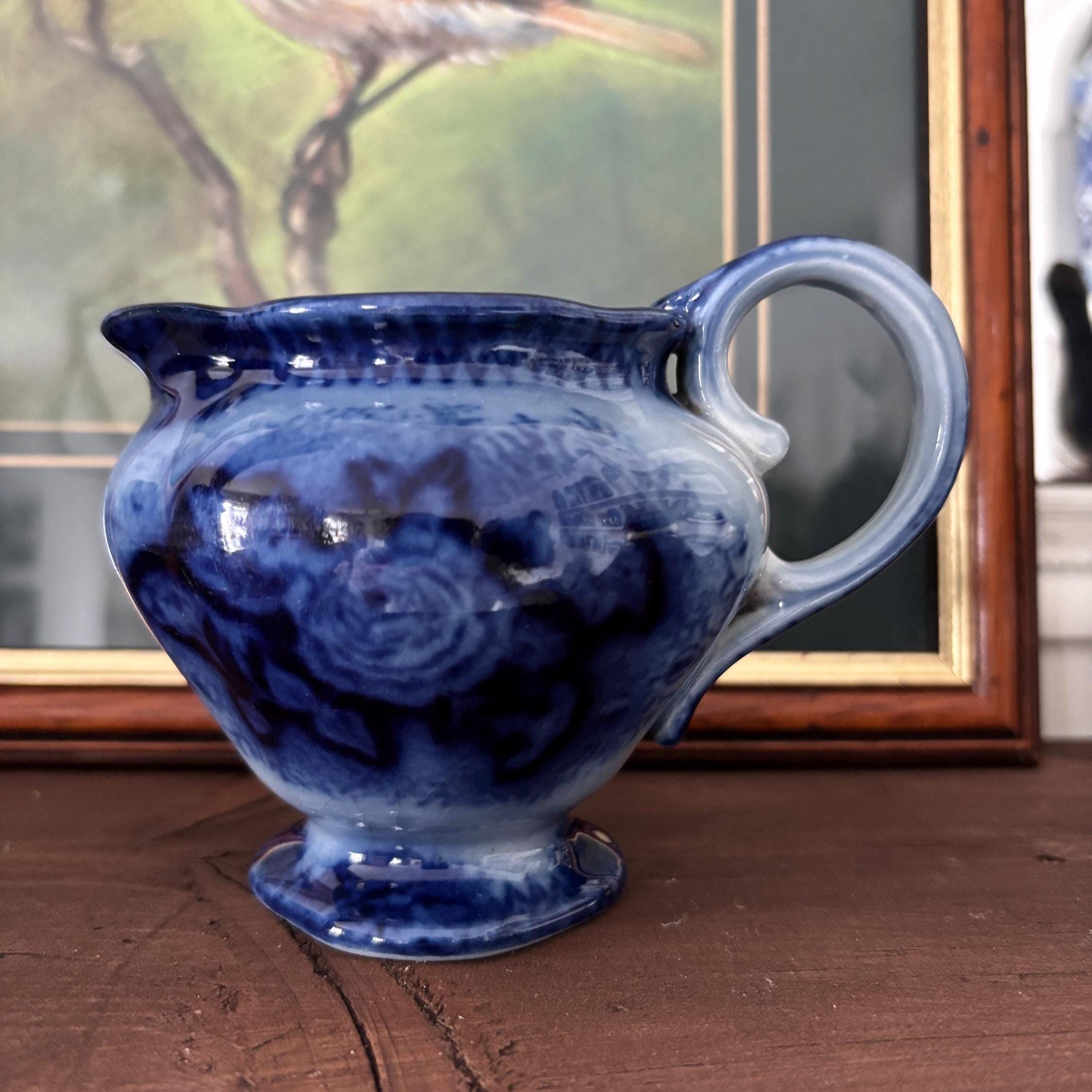 Vintage Blue and White Pottery Creamer Jug, Flow Blue Style Pedestal Milk Pitcher Floral