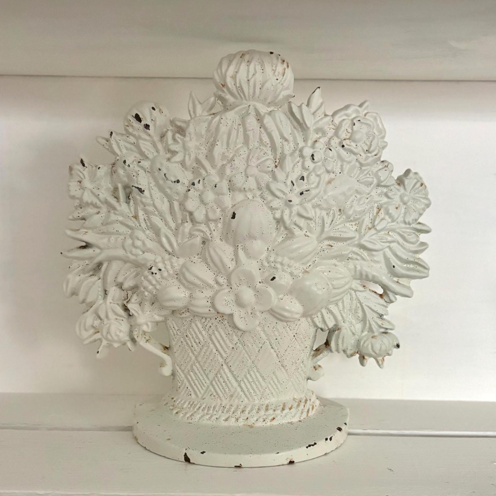 Vintage Cast Iron Flower Basket Doorstop Distressed White Shabby Chic Cottage Farmhouse Decor