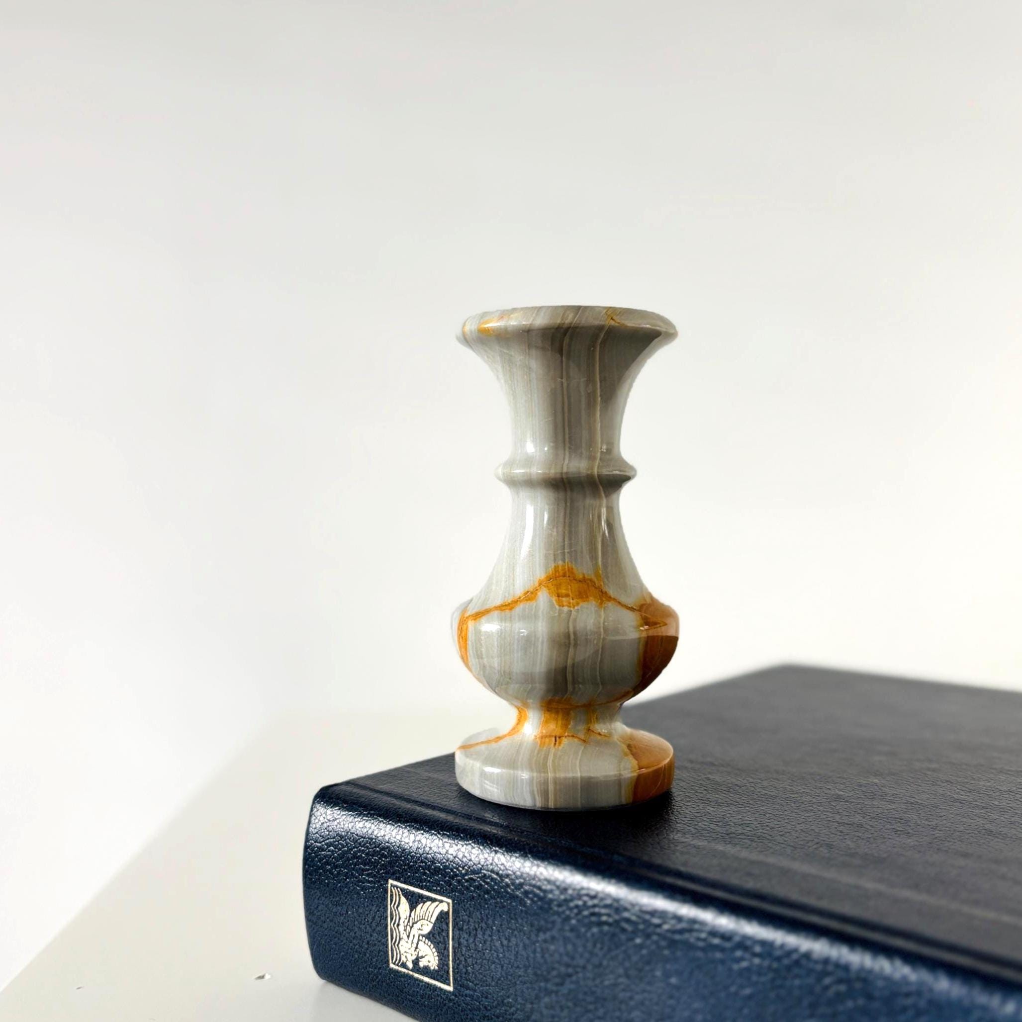 Hand-Carved Onyx Bud Vase: Grey & Amber Turkish Stone