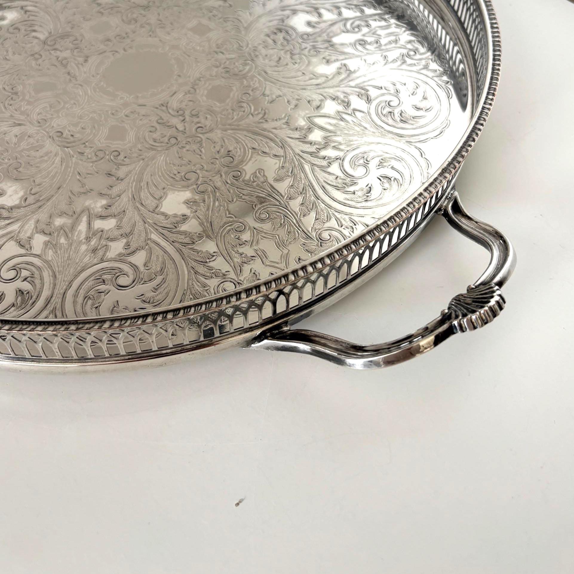 Large Cavalier Silver Plated Serving Tray, Round Gallery Tray With Handles, Made in England