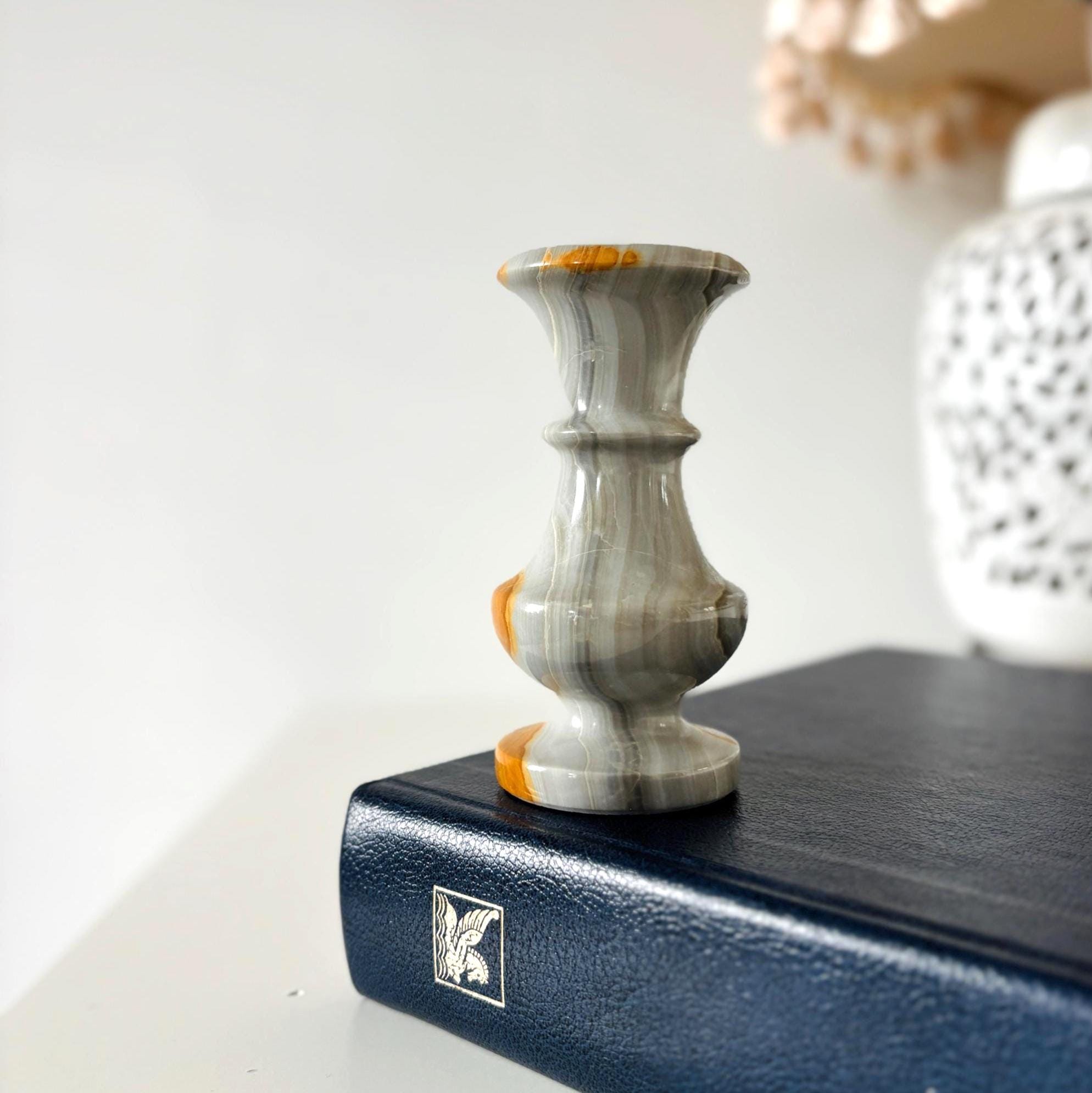 Hand-Carved Onyx Bud Vase: Grey & Amber Turkish Stone