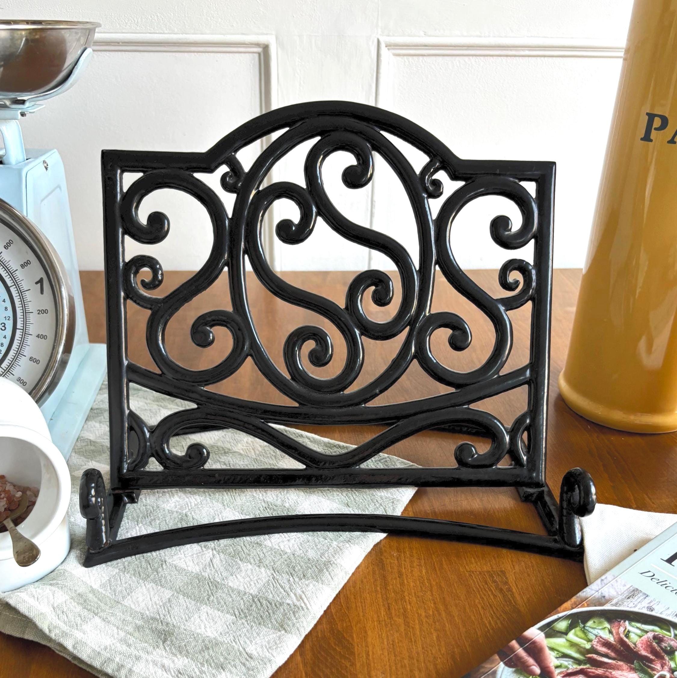 Vintage Wrought Iron Cookbook Stand Black Scrollwork Recipe Holder Kitchen Display Easel Decor