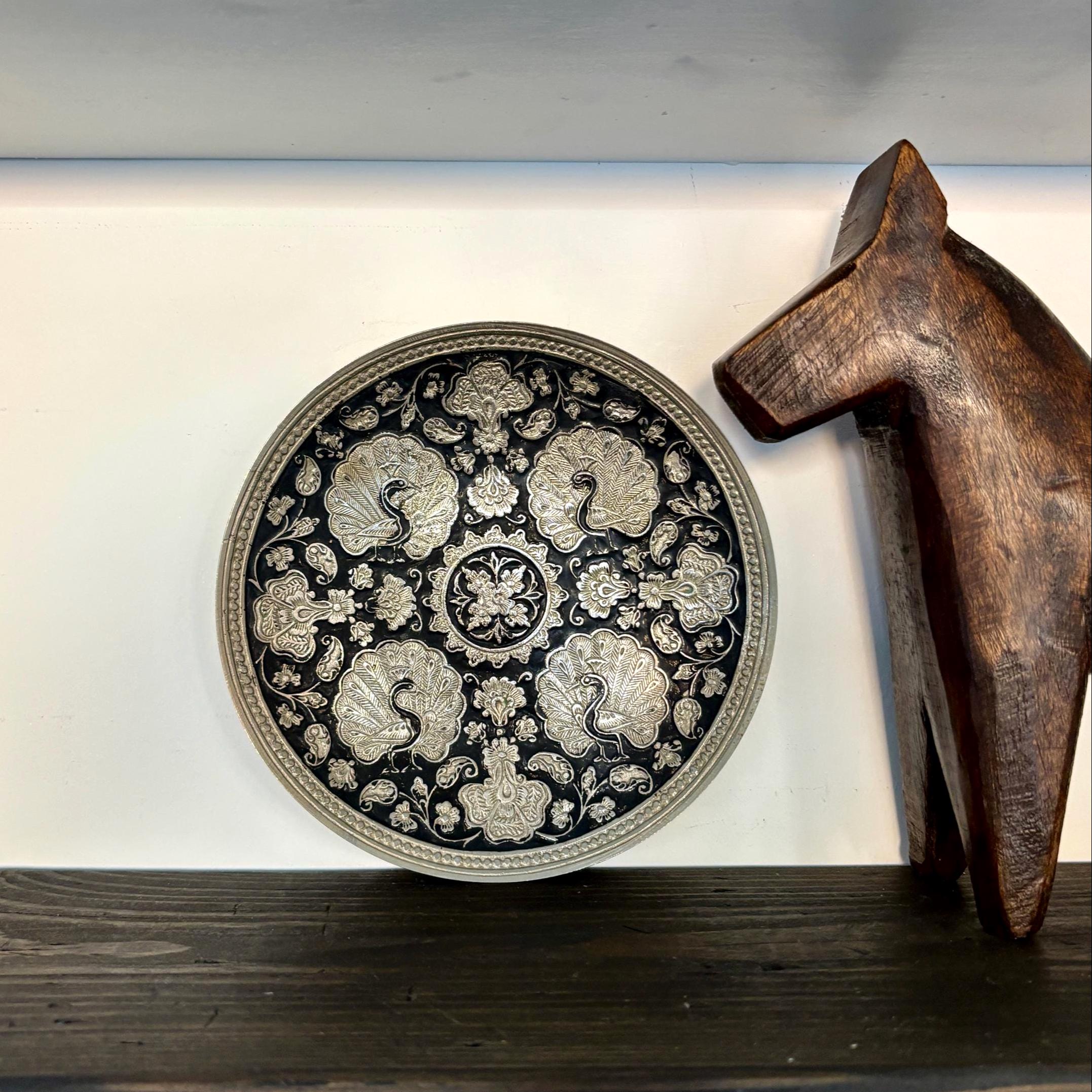 Vintage Silver & Black Peacock Wall Plate | Embossed Metal Hanging Tray, Boho Wall Decor