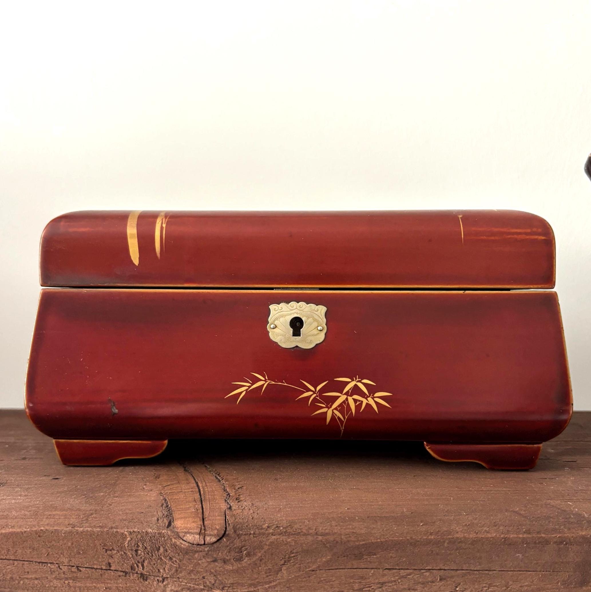 Vintage Musical Jewellery Box Daysun Hand Painted Lacquer Bamboo Bird Trinket Box