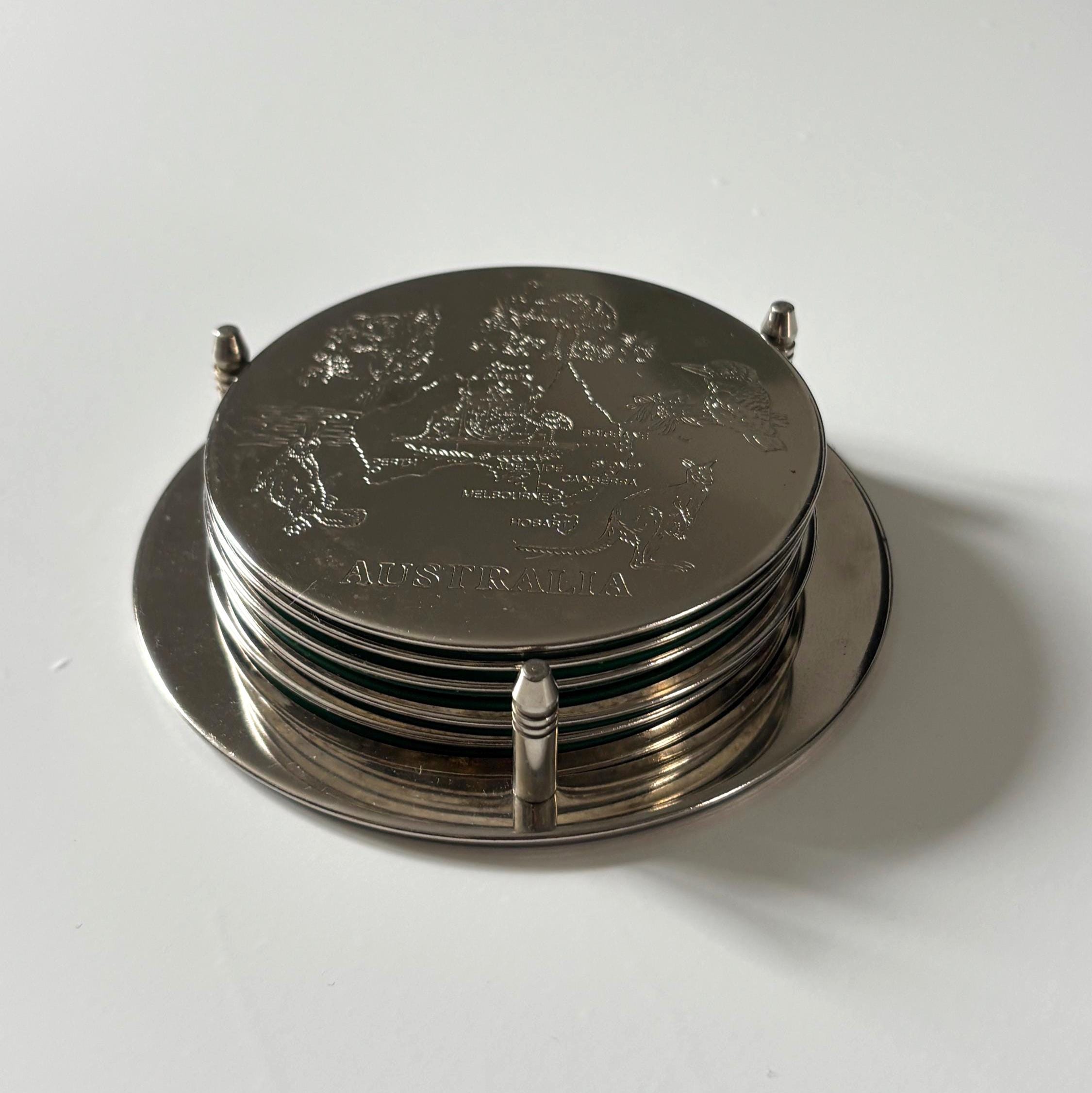 Vintage Australia Souvenir Coaster Set Silver Plated Drinks Coasters with Stand