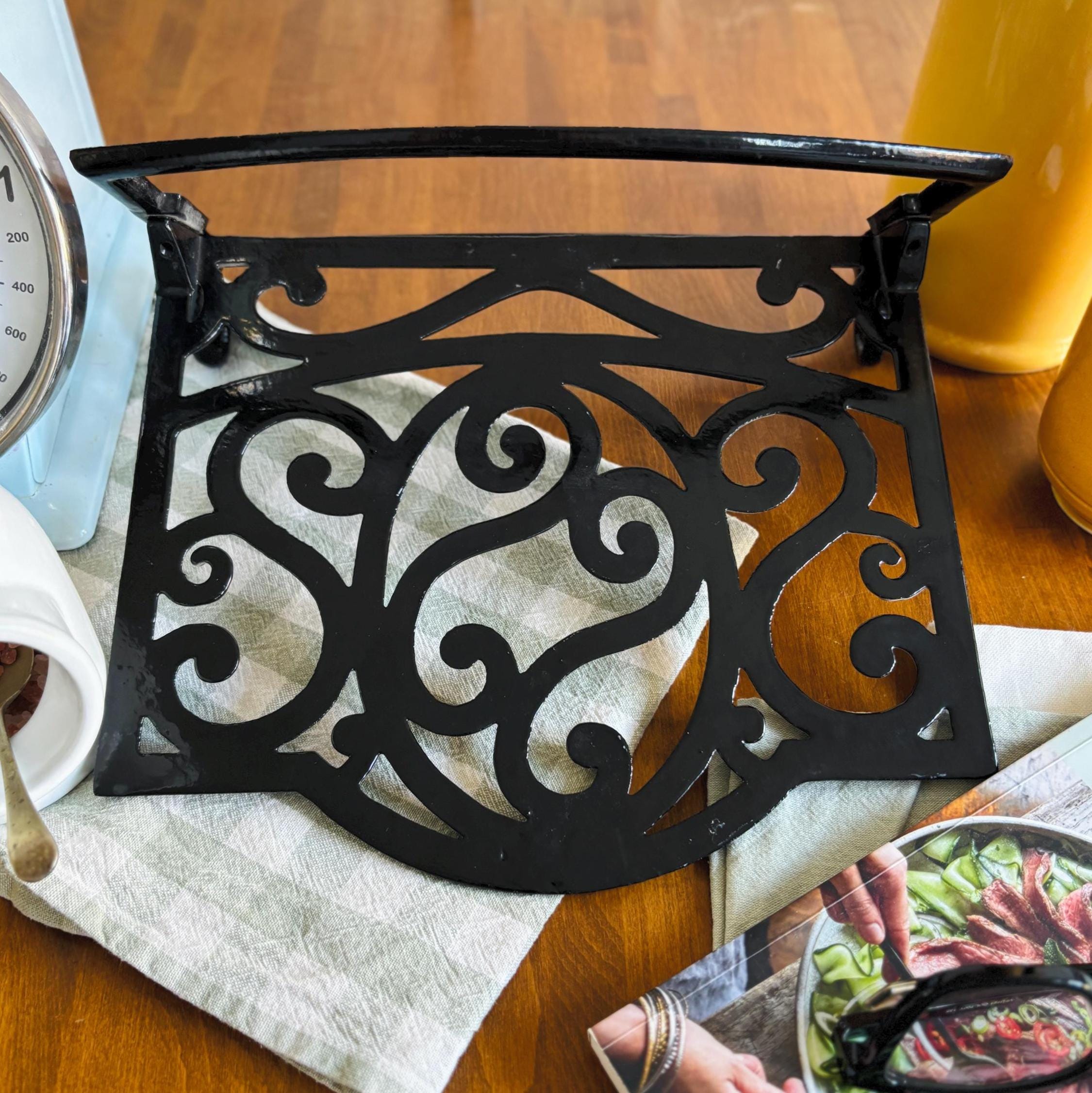 Vintage Wrought Iron Cookbook Stand Black Scrollwork Recipe Holder Kitchen Display Easel Decor