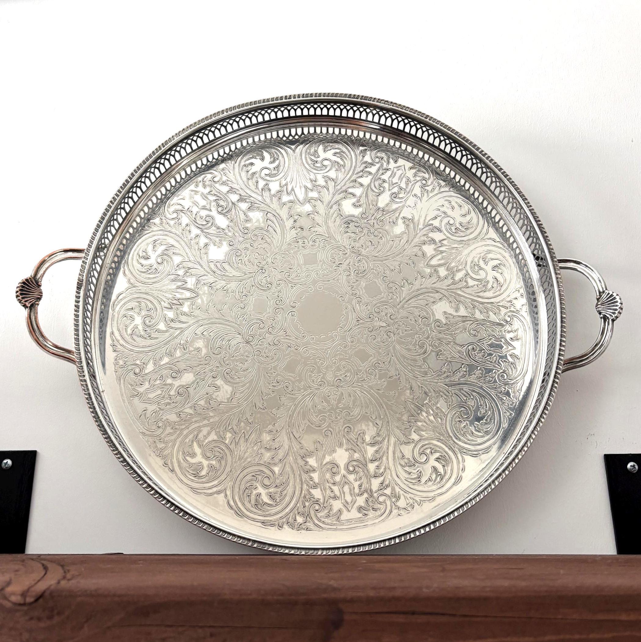 Large Cavalier Silver Plated Serving Tray, Round Gallery Tray With Handles, Made in England