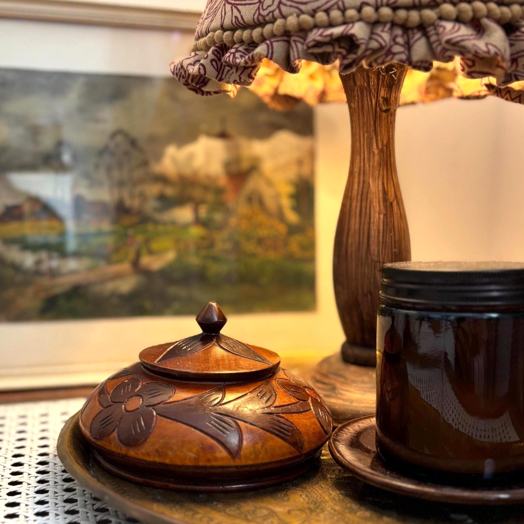 Vintage Hand-Carved Wooden Trinket Pot with Lid | Floral Folk Art | Two-Tone Hardwood
