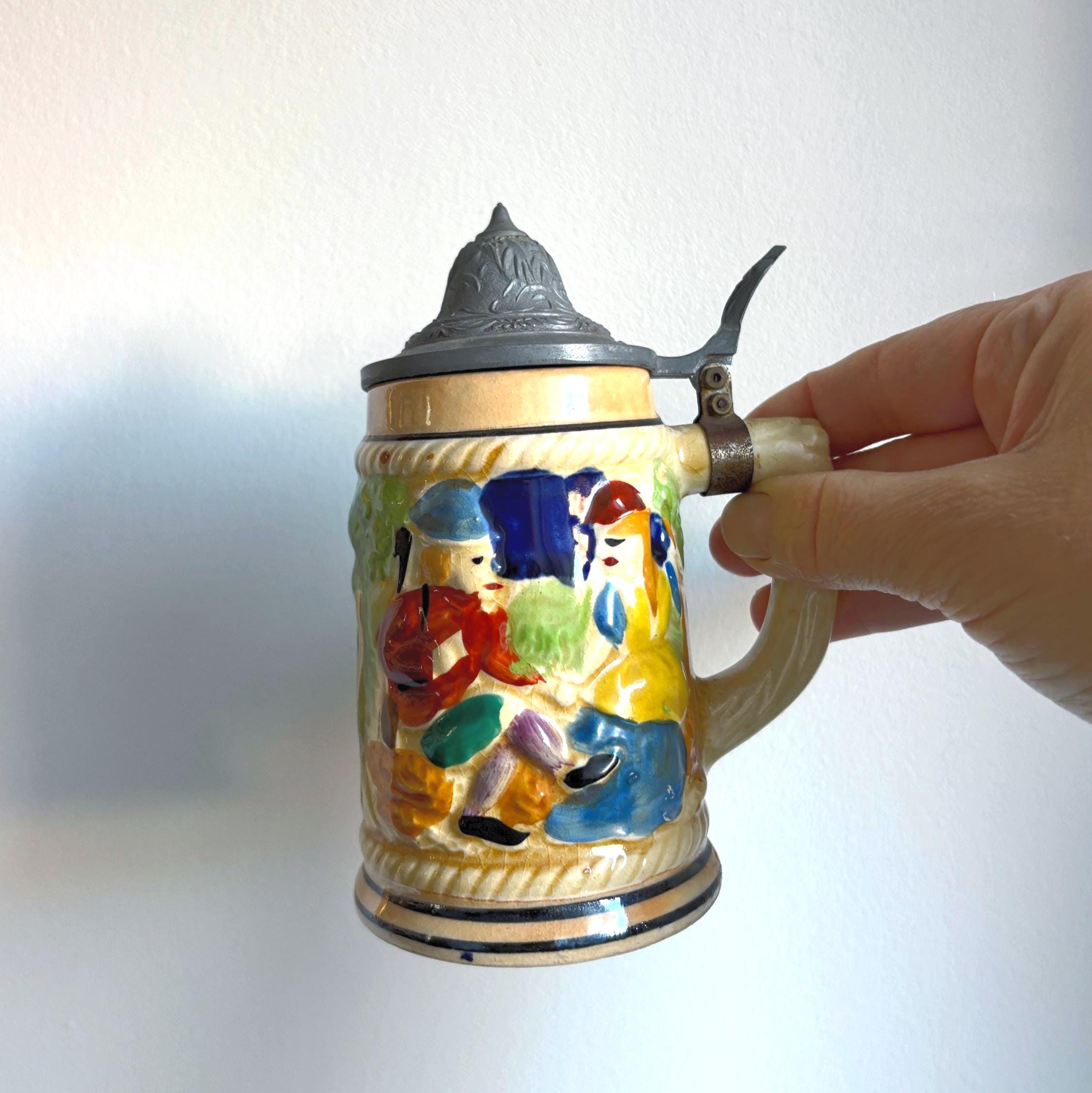 Vintage German Beer Stein with Pewter Lid | Tall Hand-Painted Relief Tavern Scene Mug