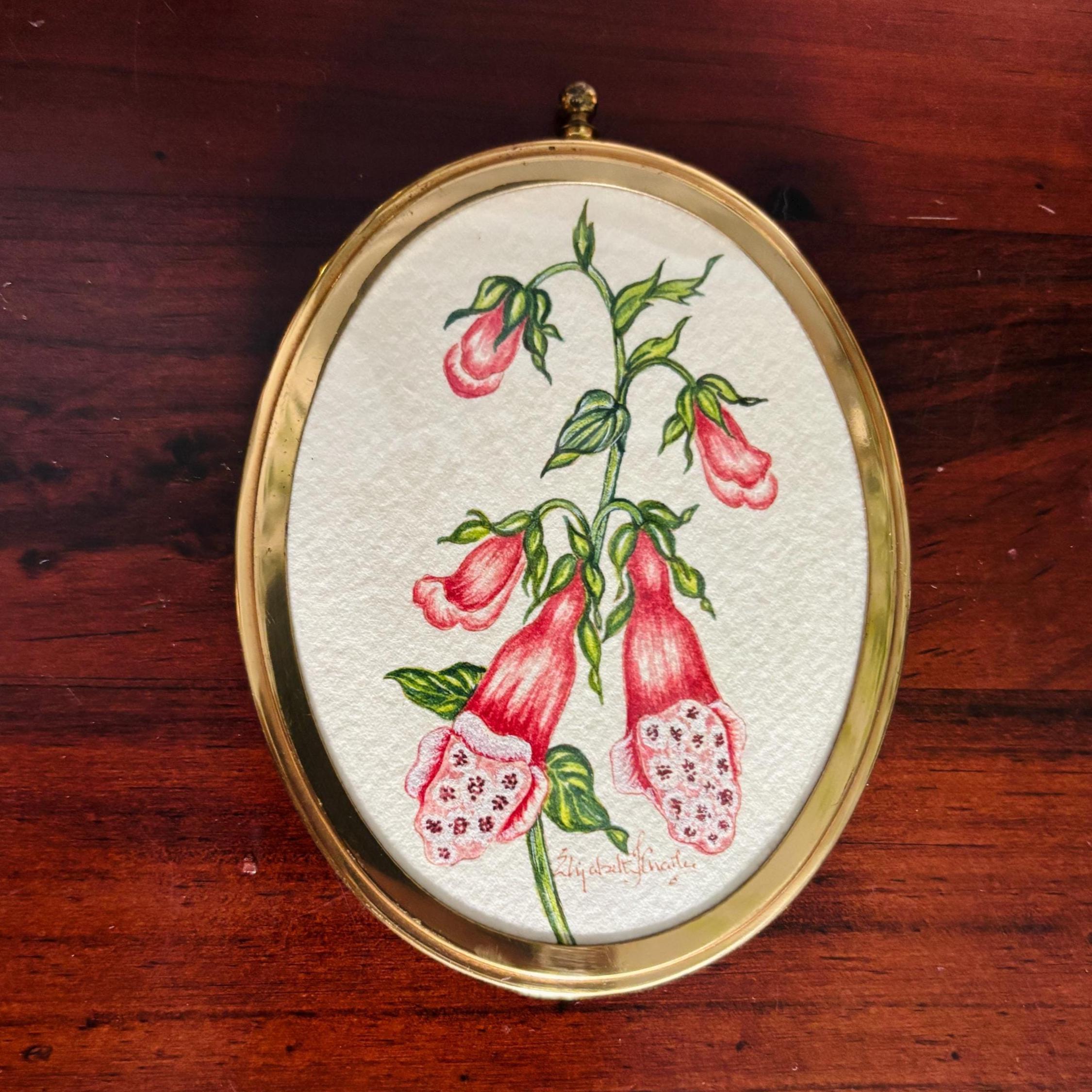 Miniature Foxglove Botanical Watercolour | Signed | Brass Tone Oval Frame