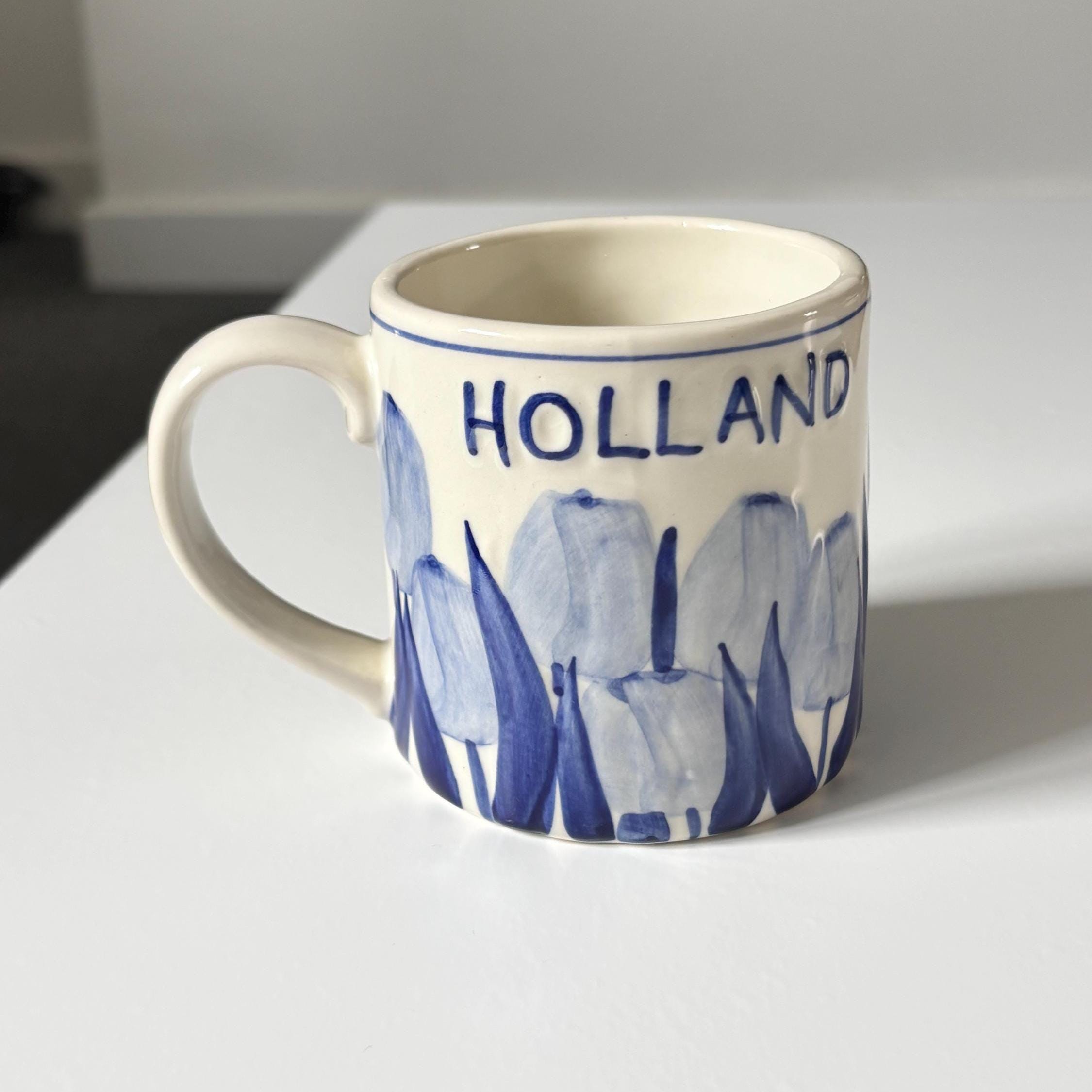 Vintage Holland Delft Style Tulip Mug Blue White Hand Painted Dutch Ceramic Cup