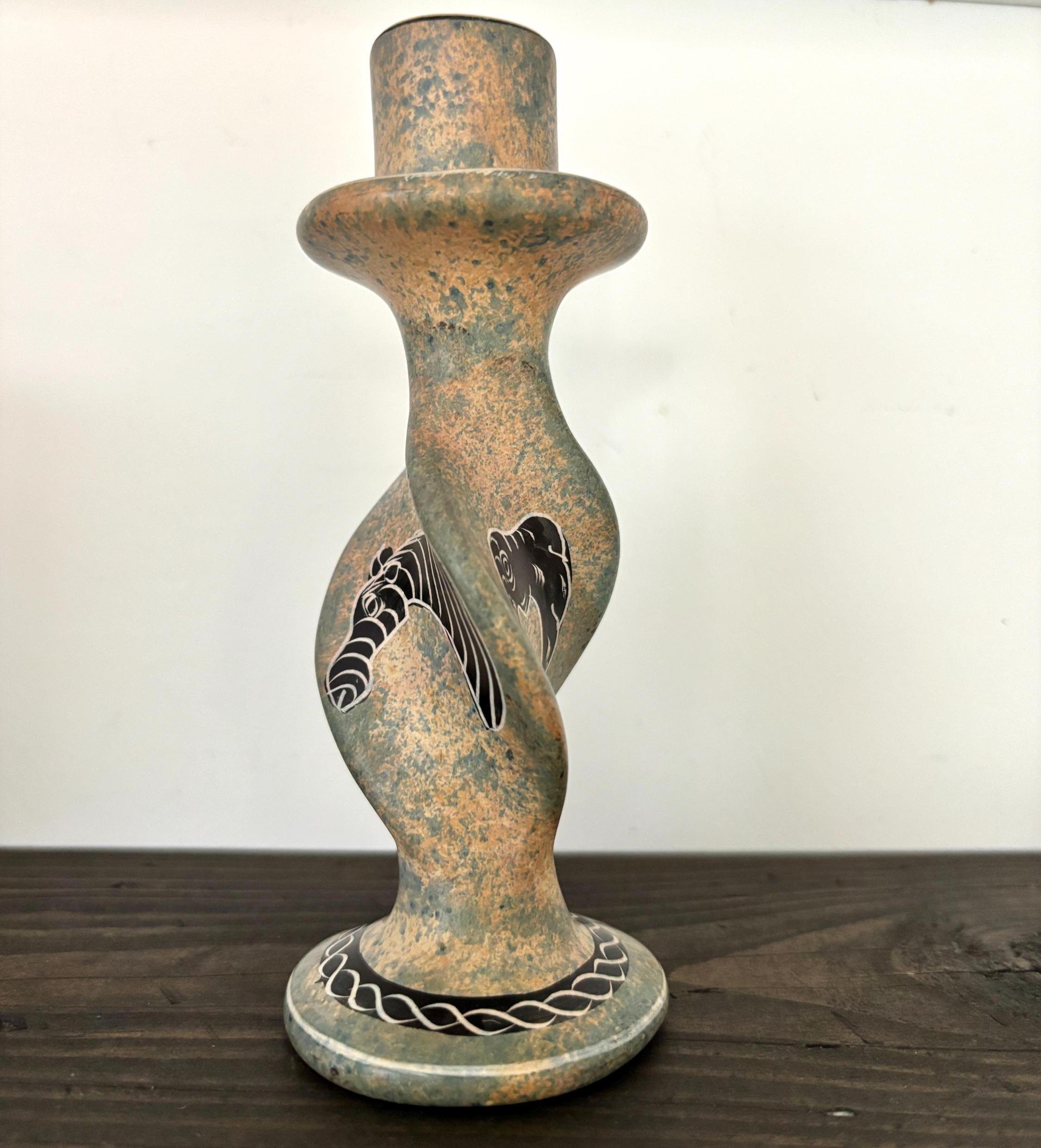 Kisii Soapstone Safari Candlestick | Hand-Carved Kenya | Zebra, Elephant & Rhino | Barley-Twist Taper Holder