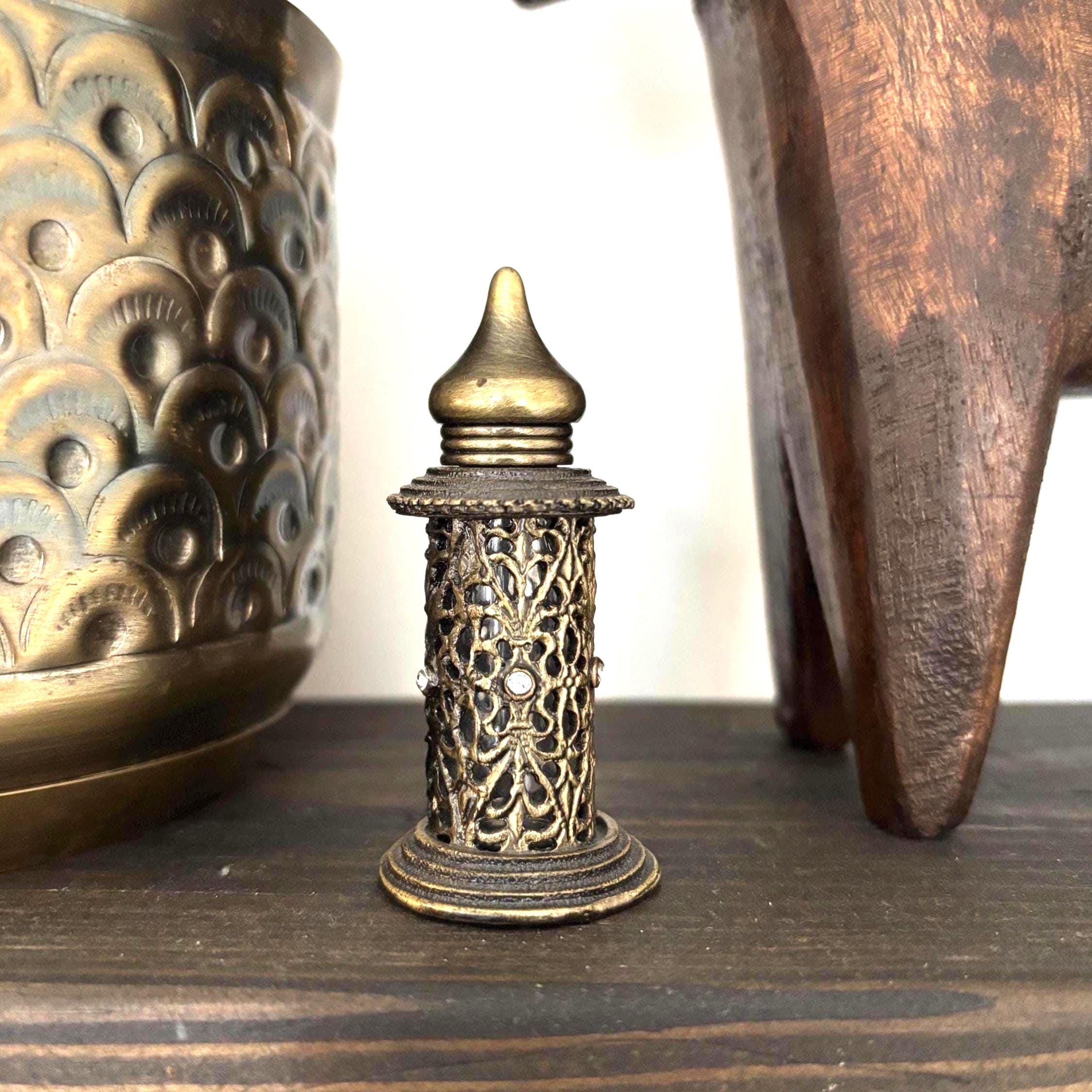 Indian Mini Attar Perfume Bottle Filigree Brass Tone Dabber Wand Rhinestones