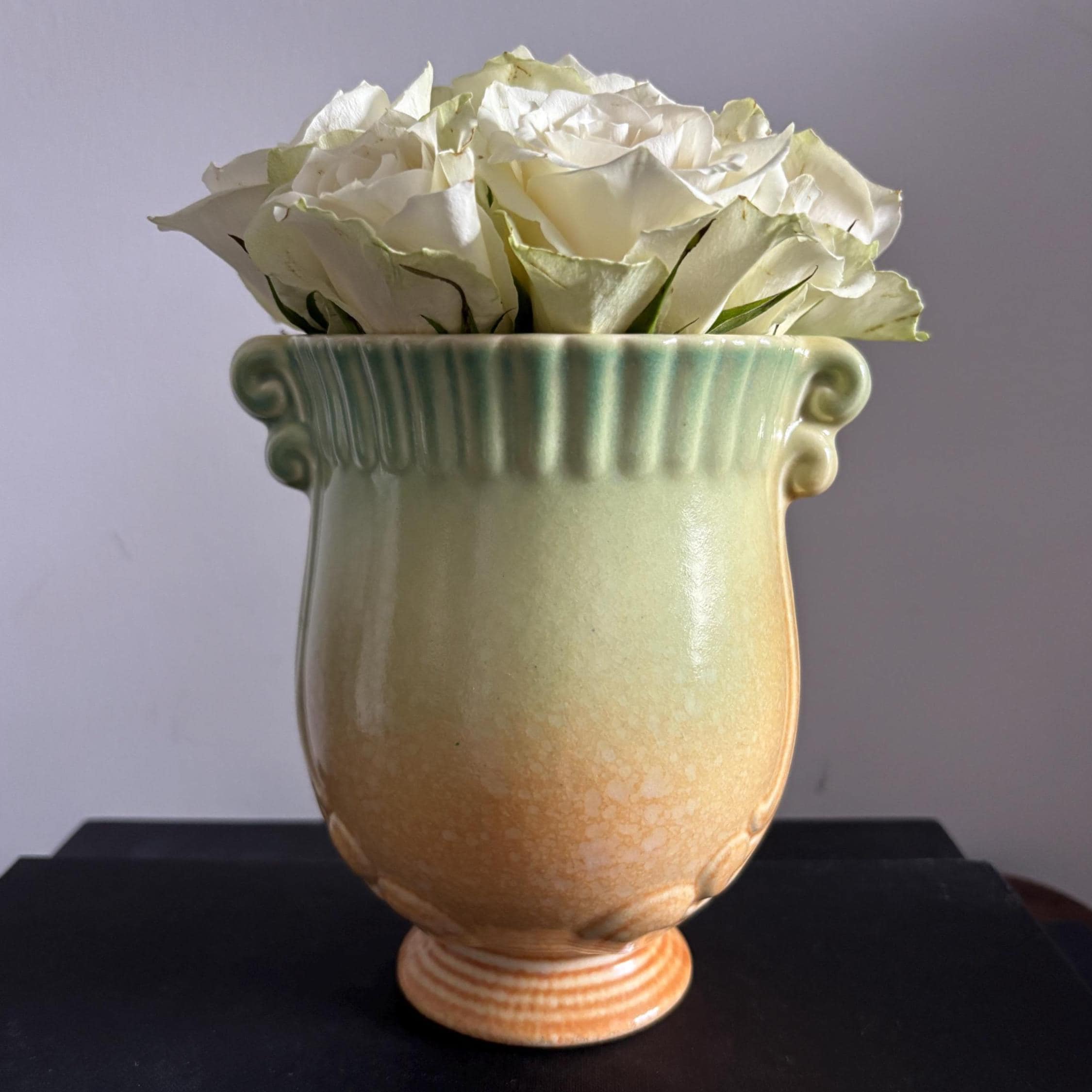 Vintage Crown Devon Art Deco Urn Vase Green Ochre Drip Glaze English Pottery