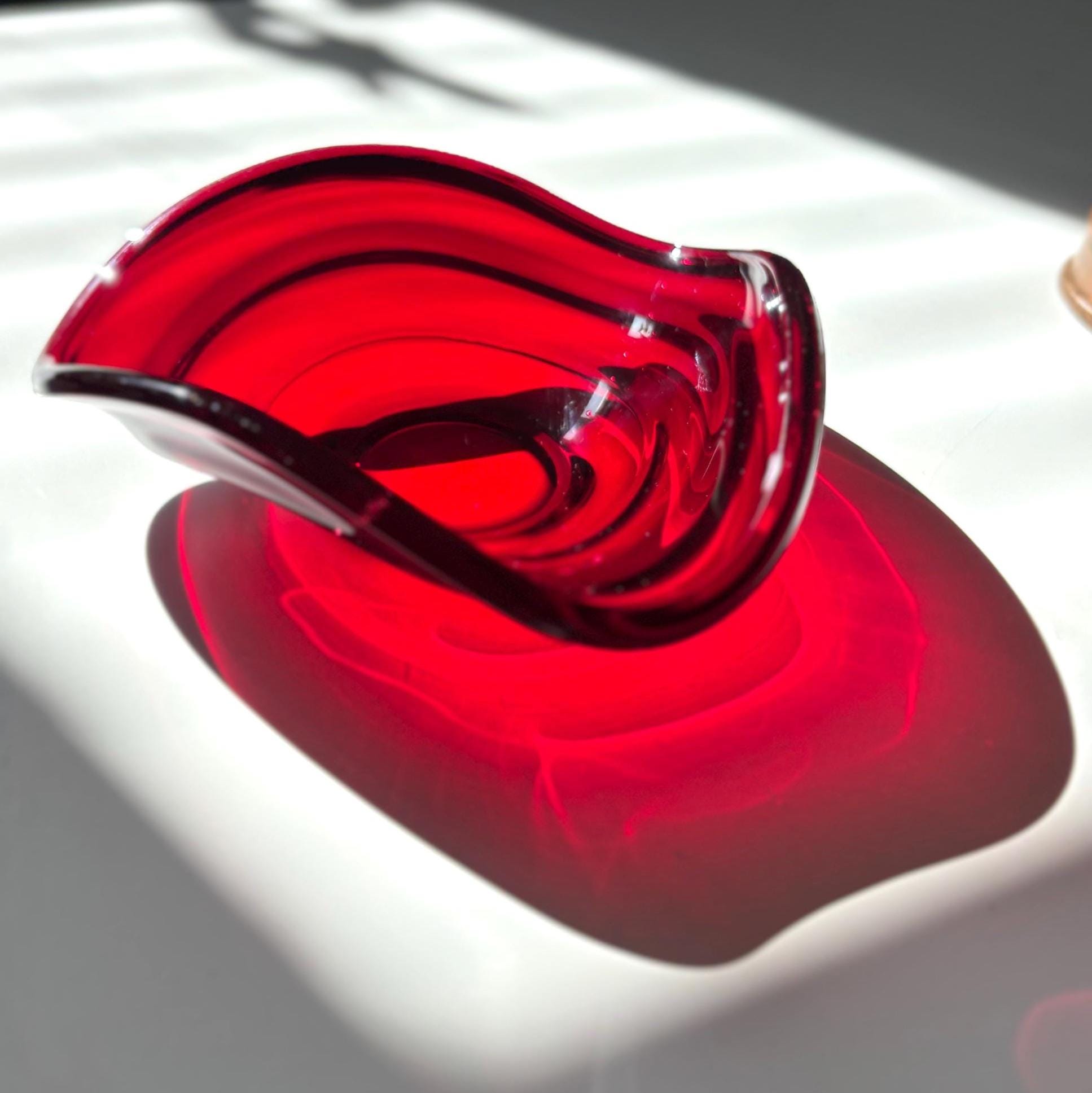 Vintage Ruby Red Art Glass Bowl Freeform Mid Century Scandinavian Style Dish