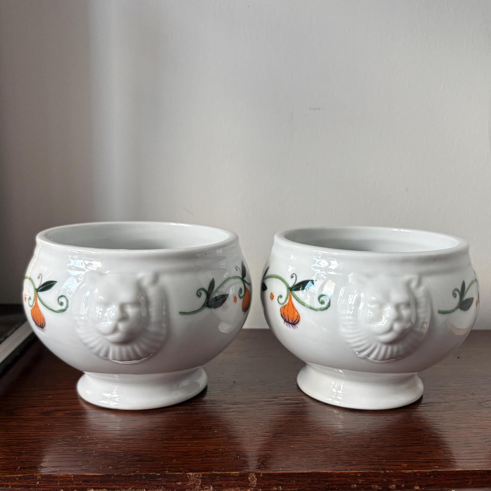 Pair Vintage White Ceramic Lion Head Bowls, Pedestal Foot, Hand-Painted Tureens