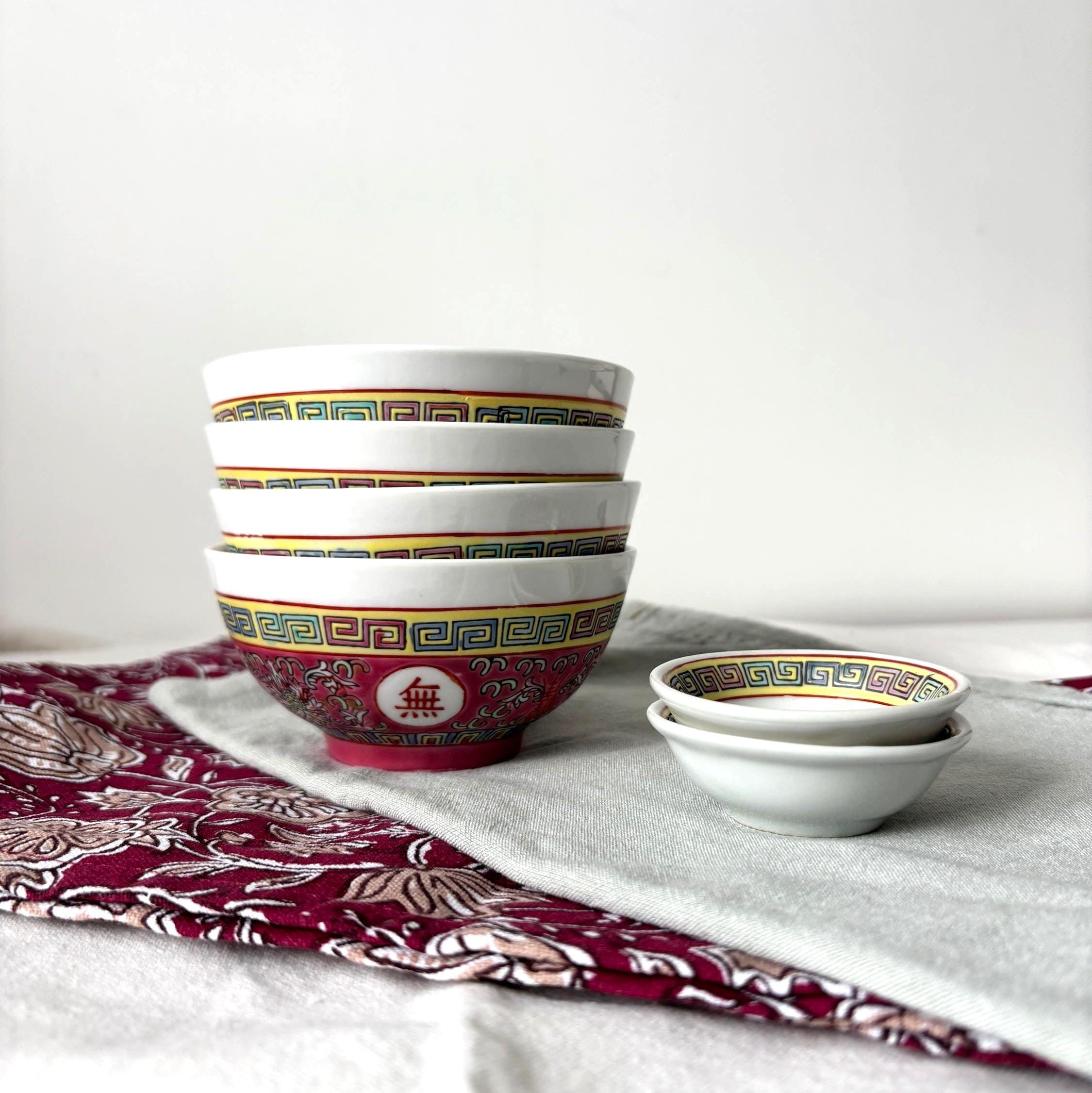 Vintage Jingdezhen Longevity Rice Bowl Set Chinese Restaurant Ware