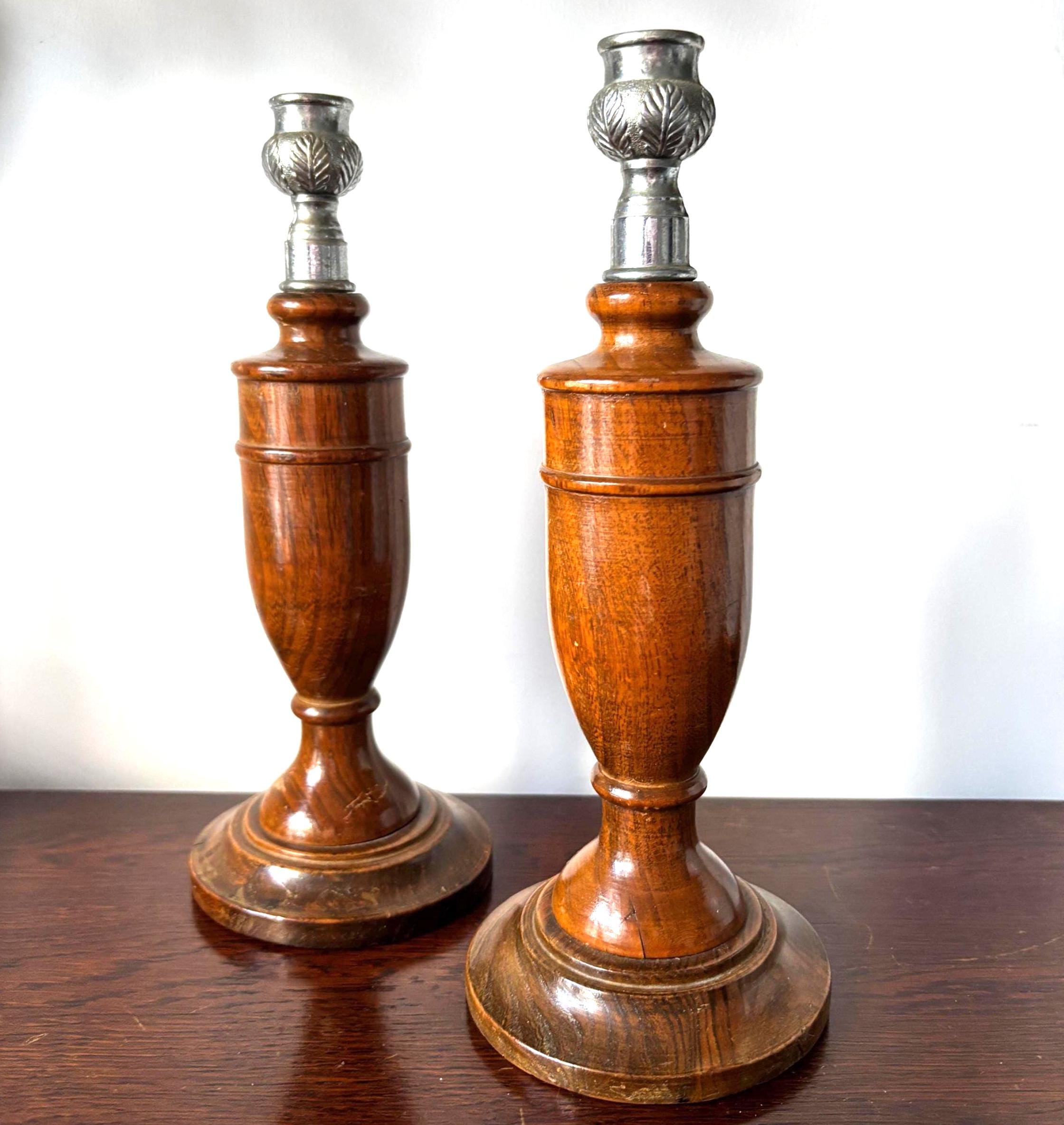 Vintage Wooden Candlesticks Pair, Turned Oak Candle Holders, Silver Tone Leaf Cups, Mantel Decor