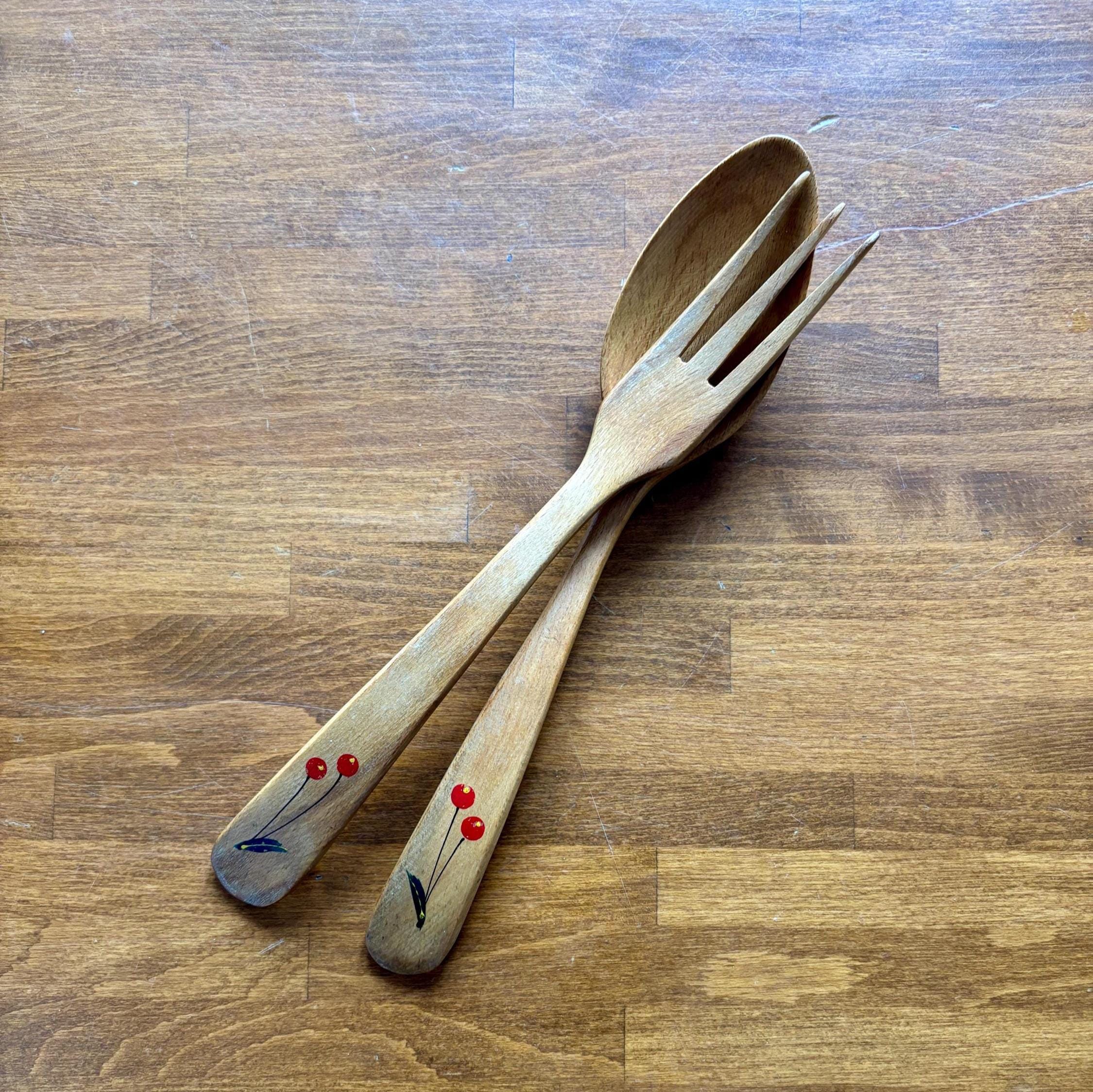 Vintage Wooden Salad Server Set Hand Painted Spoon Fork Kitchen Serving Utensils Pair Decor