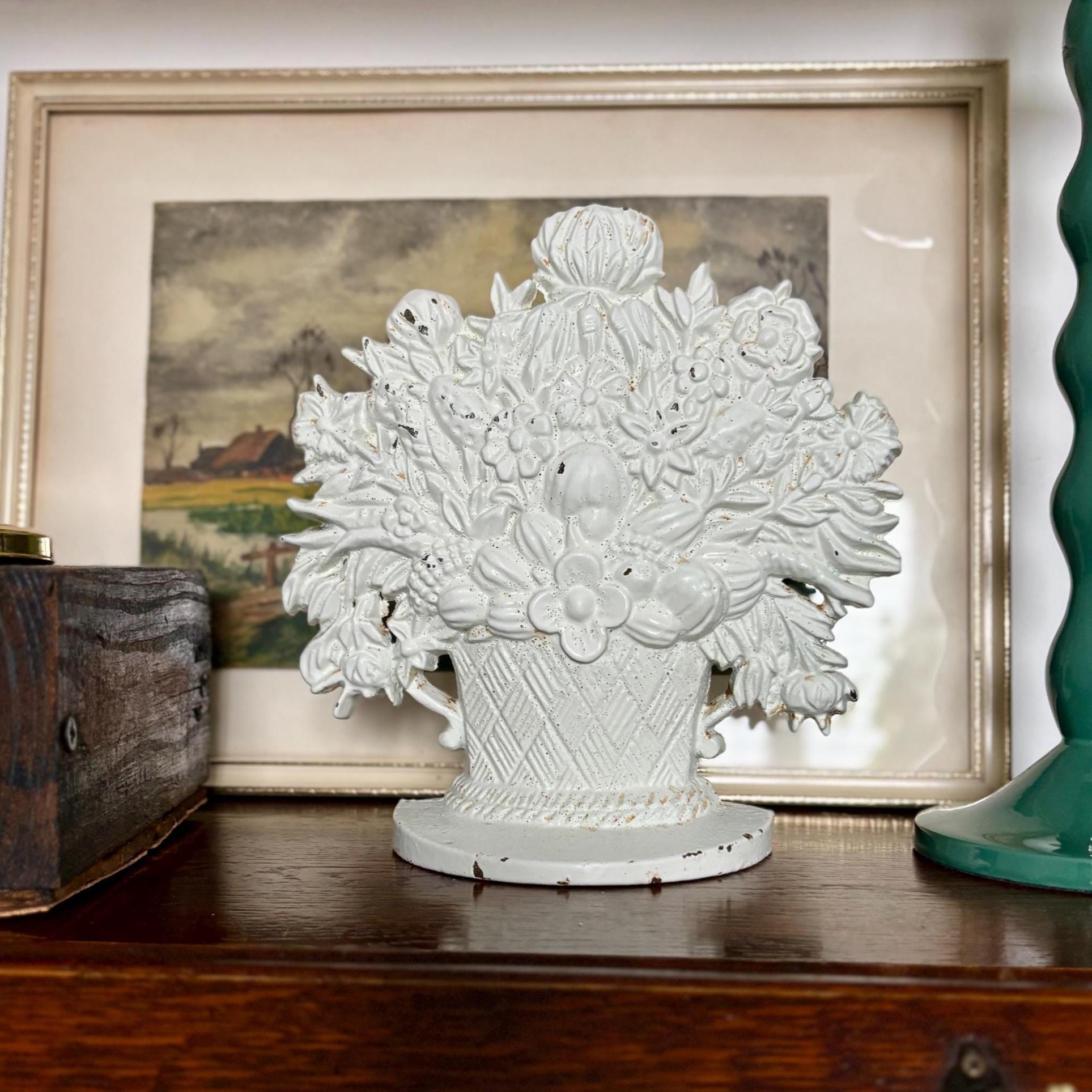 Vintage Cast Iron Flower Basket Doorstop Distressed White Shabby Chic Cottage Farmhouse Decor